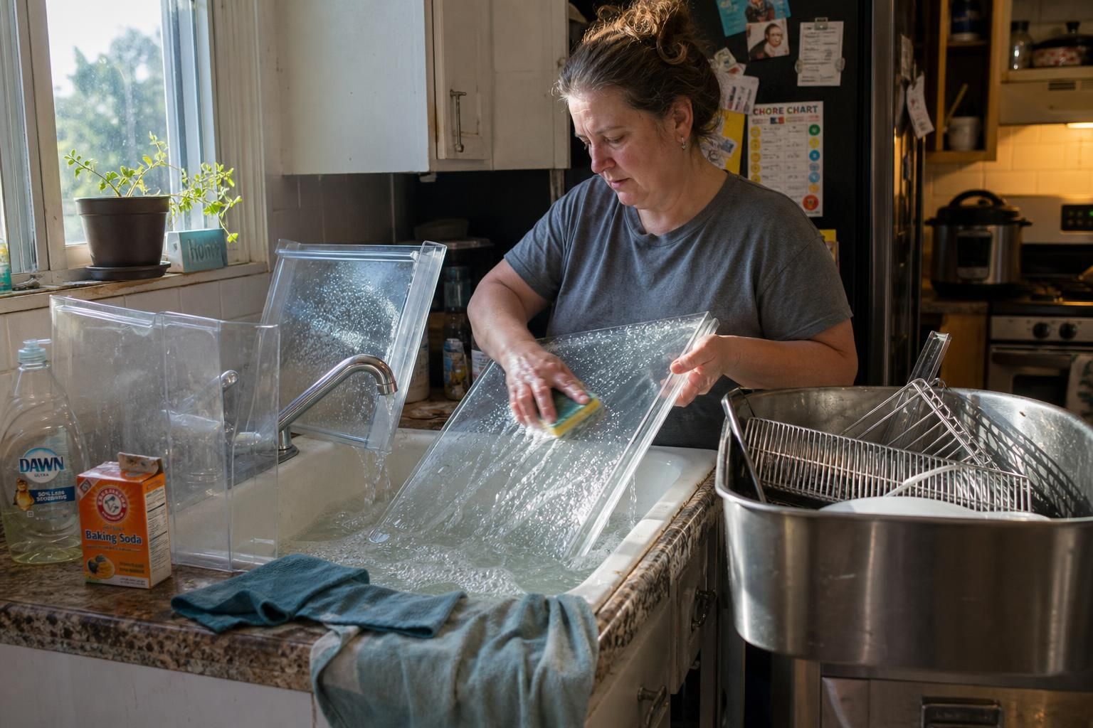 A person cleans refrigerator shelves at a cluttered kitchen sink.