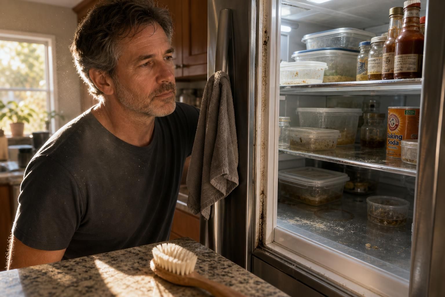 A contemplative middle-aged person stands by an open, cluttered refrigerator.