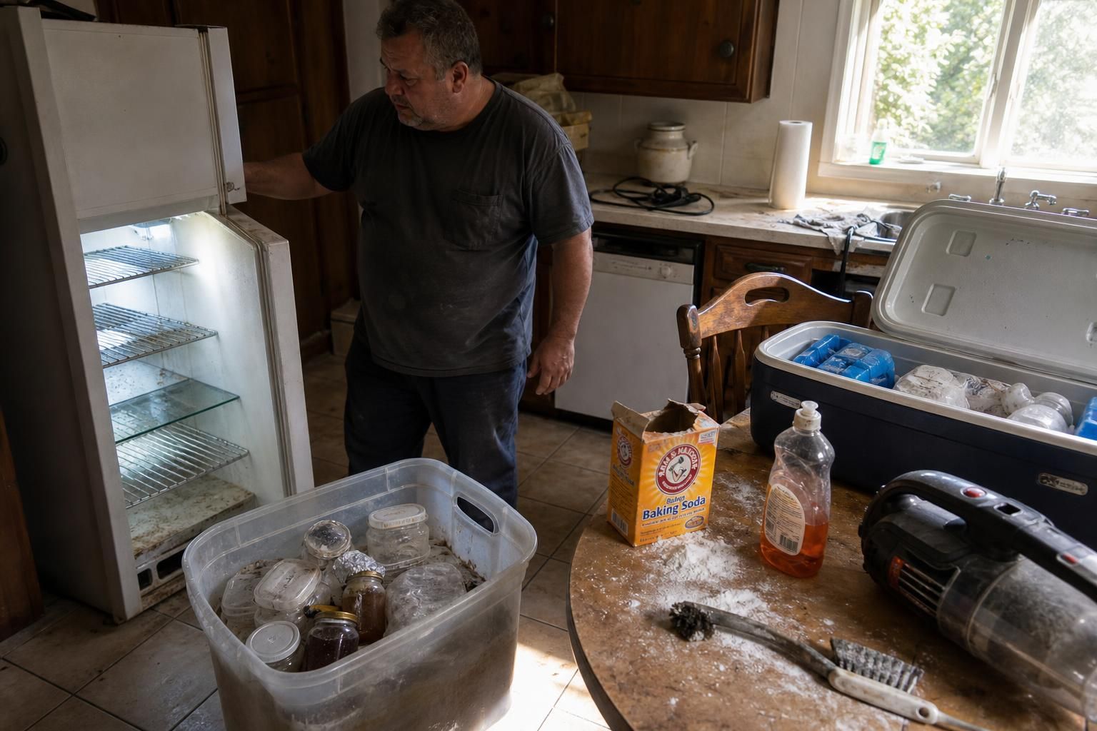 A weary man works in a cluttered, sun-washed kitchen.