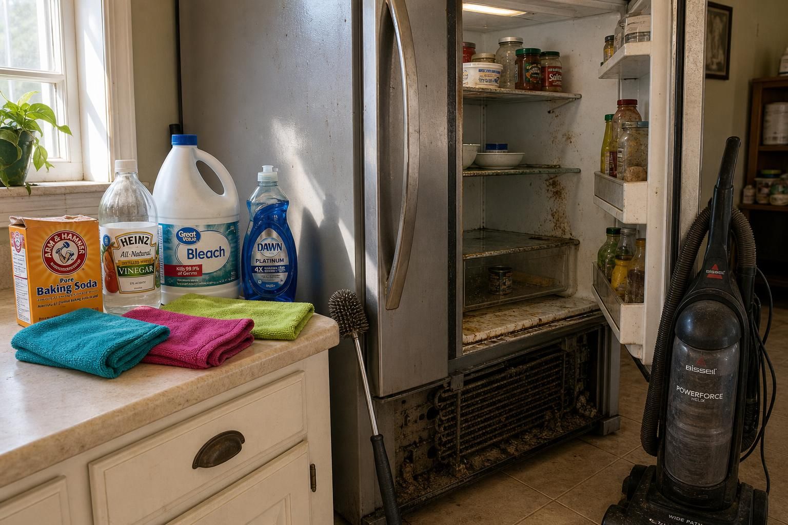 A cluttered refrigerator with cleaning supplies reflects everyday household life.