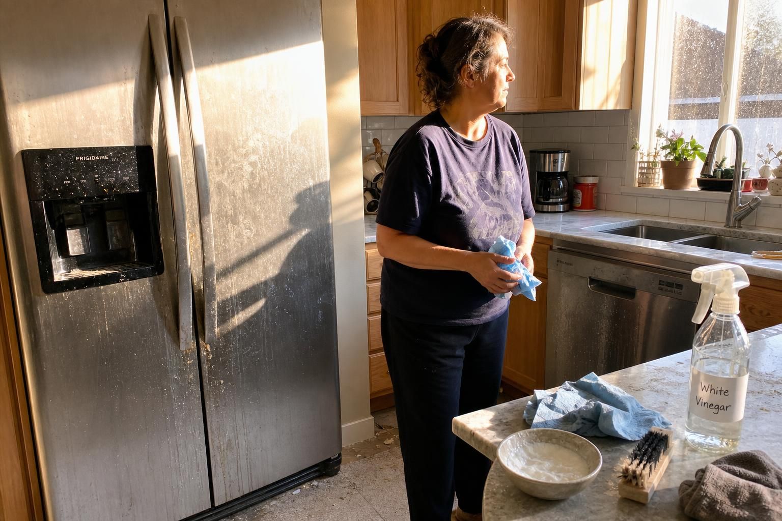 A person cleans a well-used kitchen with visible dirt and grime.
