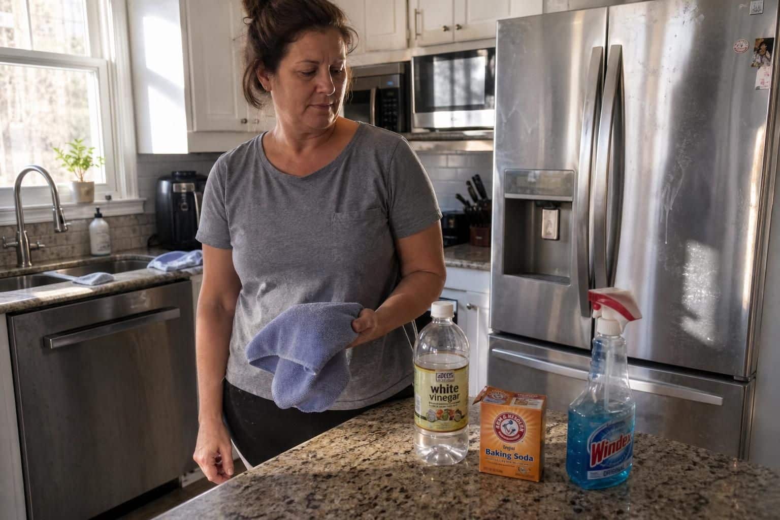 A middle-aged homeowner stands in a lived-in contemporary kitchen.
