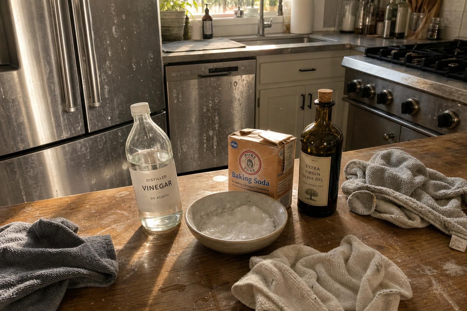 A kitchen counter showcases a mid-cleaning scene with various cleaning supplies.