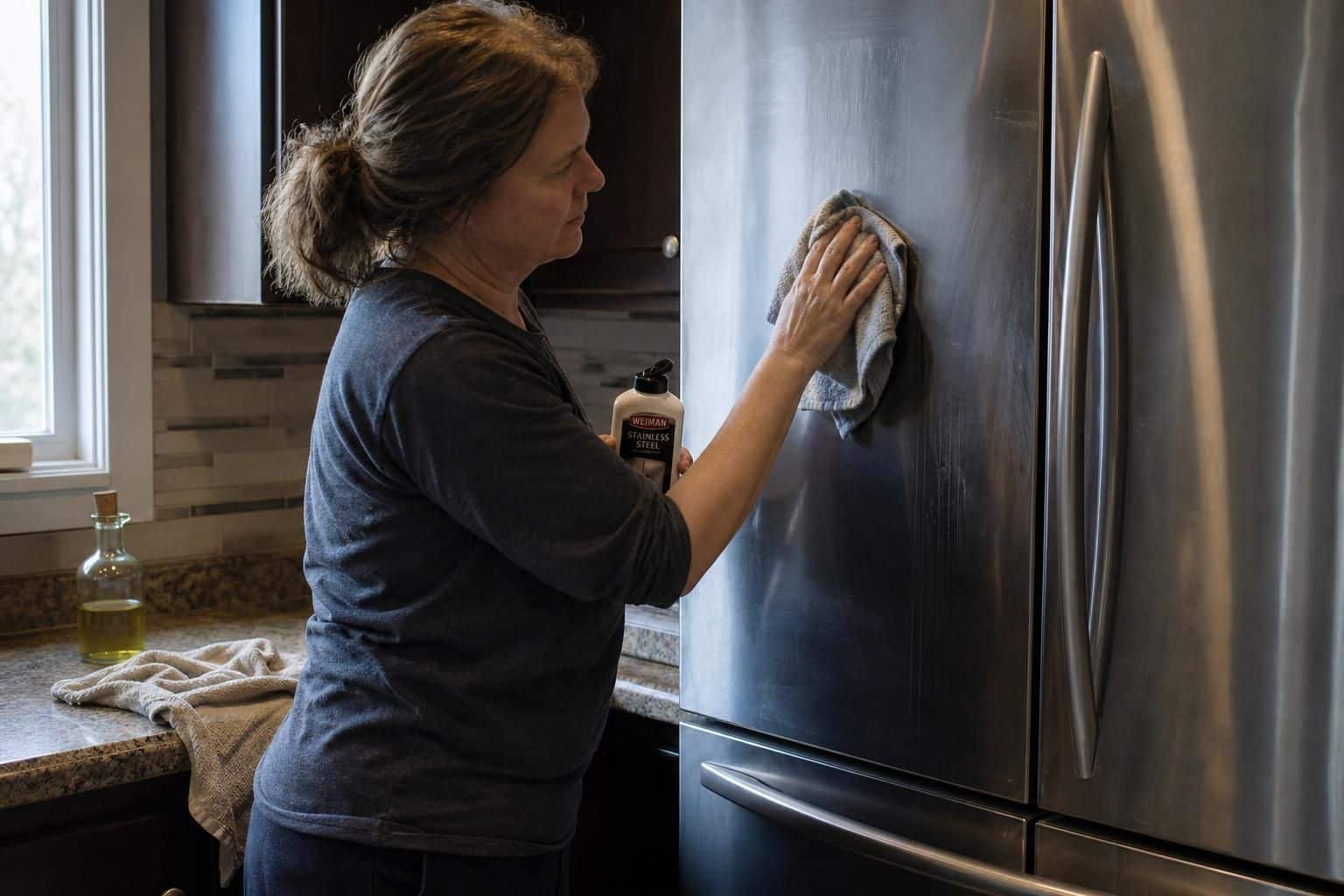 A woman methodically cleans her refrigerator in a domestic kitchen setting.