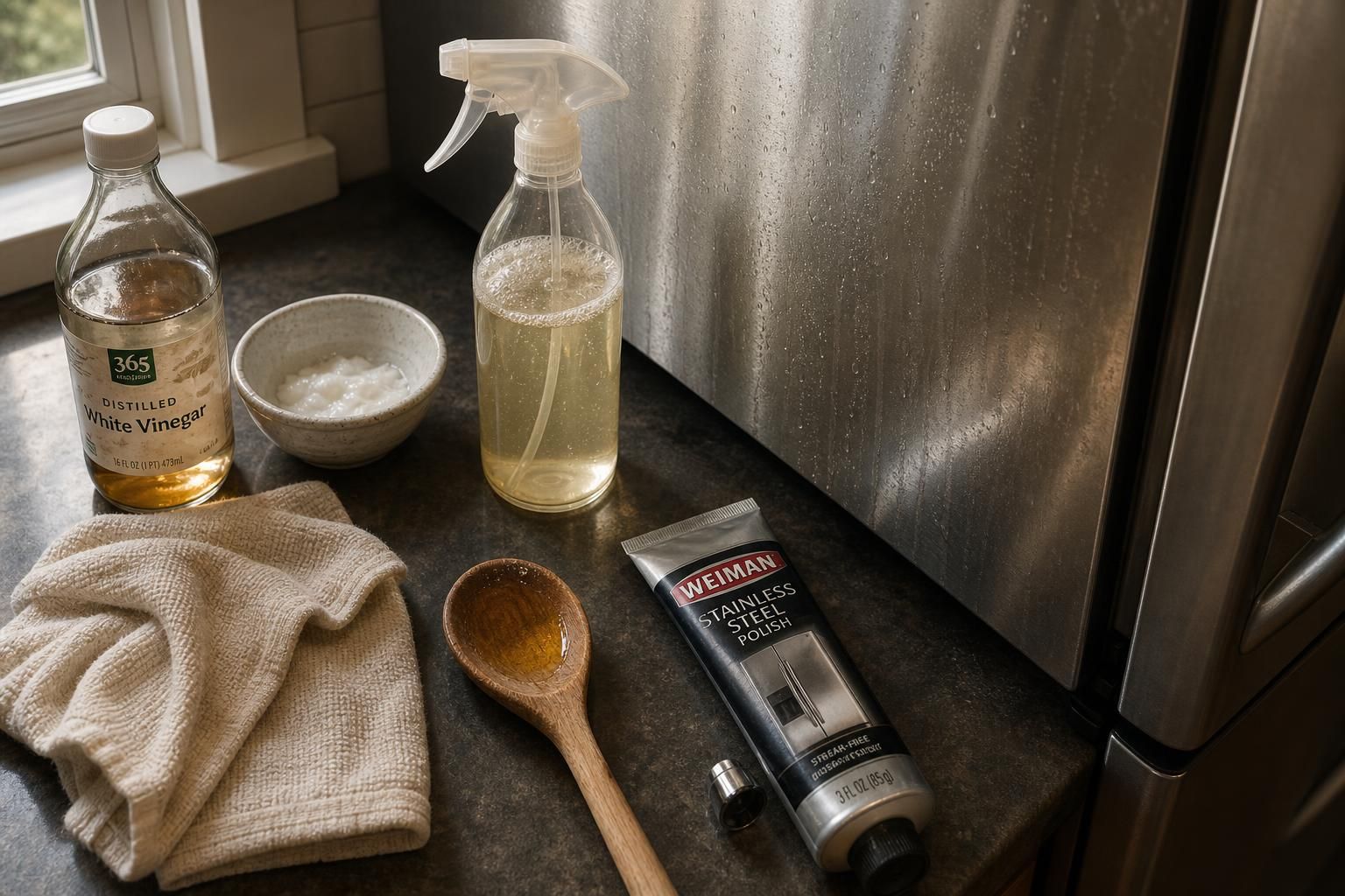 A kitchen counter showcases various cleaning supplies and stainless steel reflections.