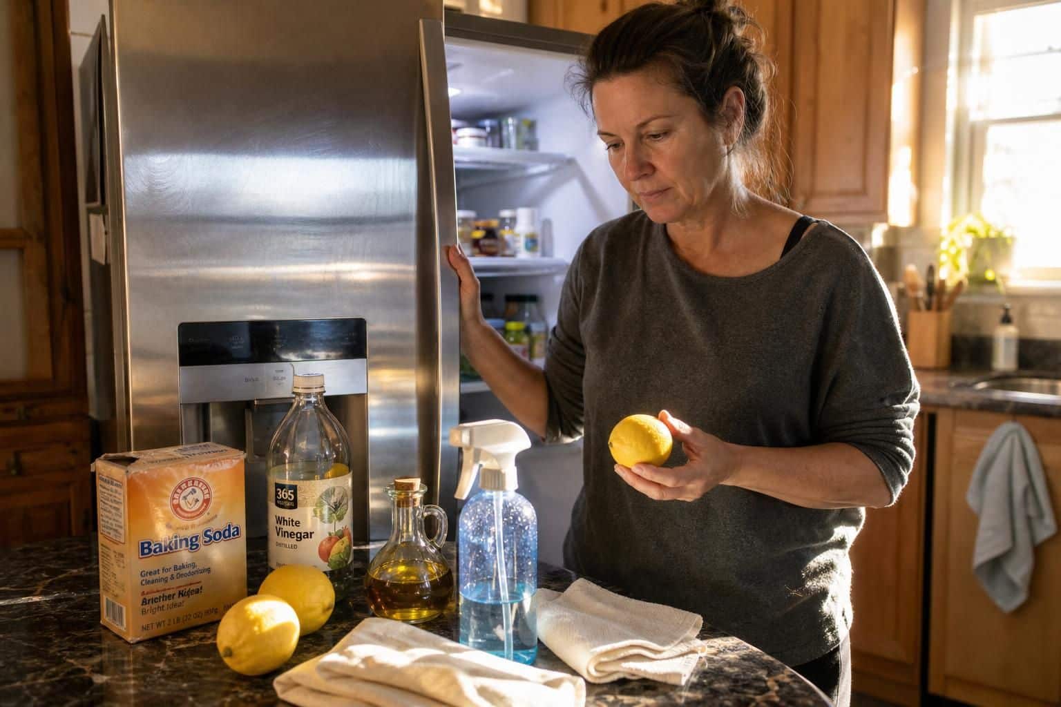 A woman examines natural cleaning supplies in her kitchen.