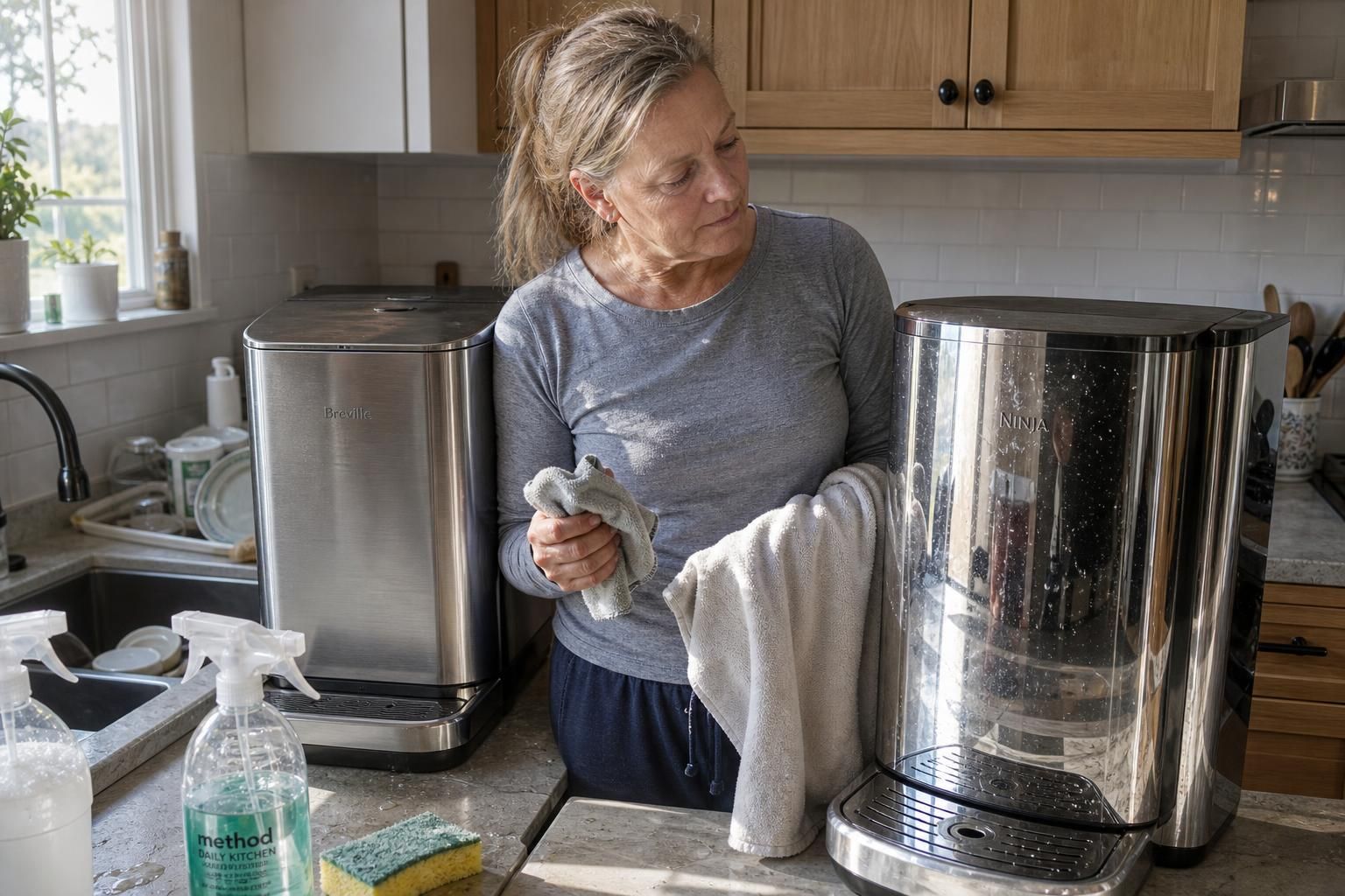 A woman cleans a kitchen with stainless steel appliances and scattered supplies.