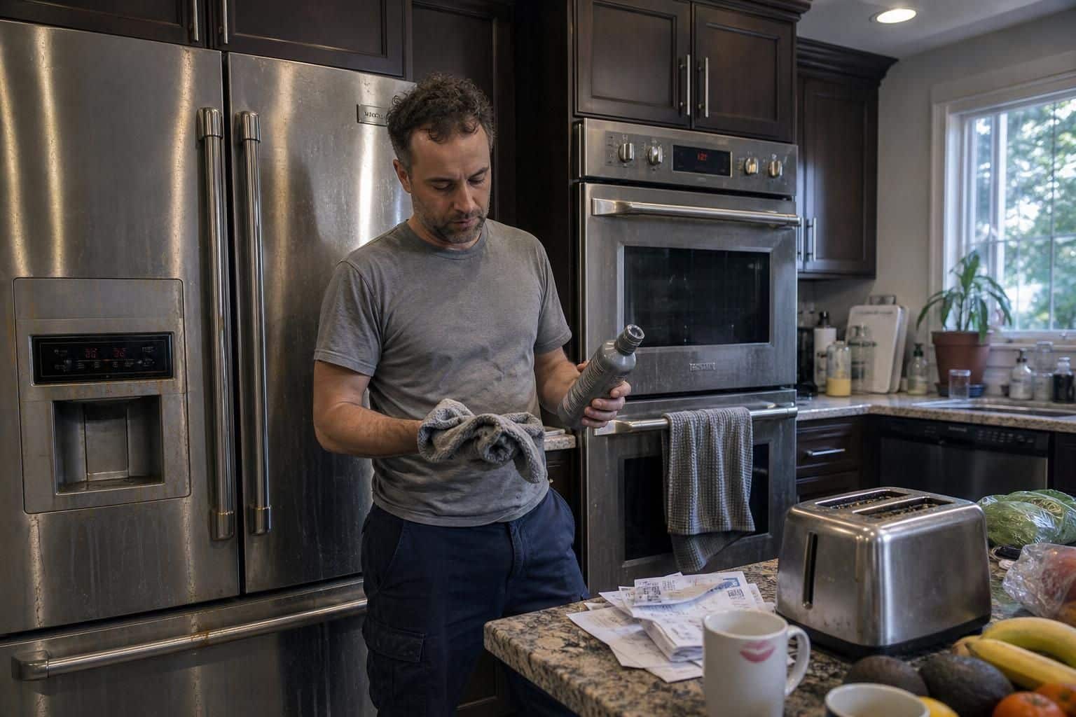 A person cleans stainless steel appliances in a busy kitchen.