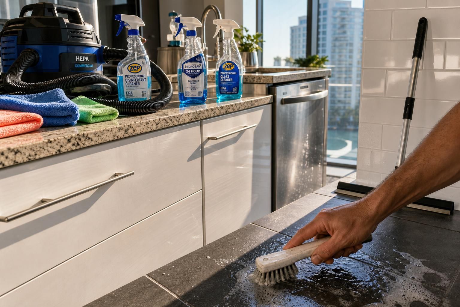 A person deep cleans a modern Miami kitchen with various tools.