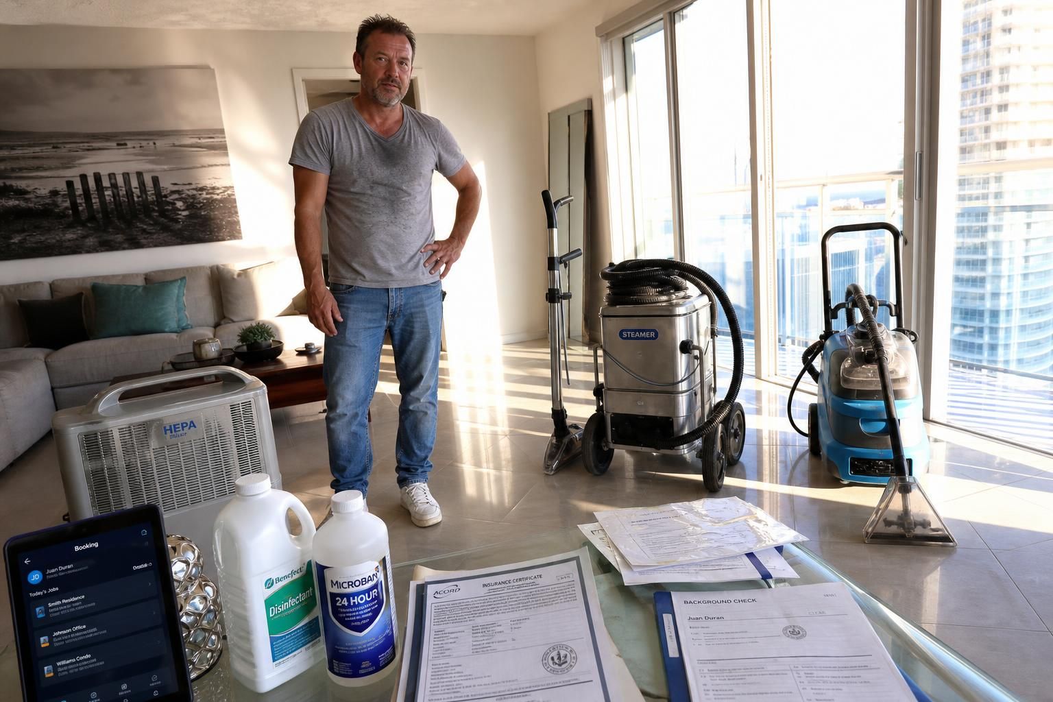 A man stands amidst cleaning equipment in a cluttered living room.