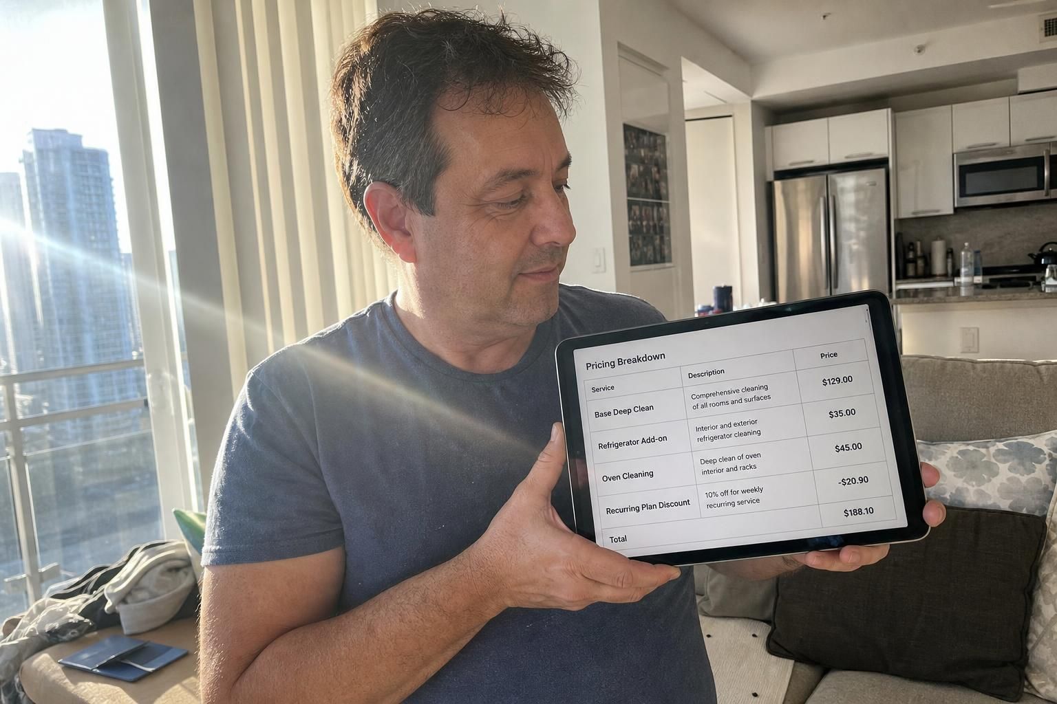 A middle-aged person reviews a detailed cleaning service pricing table.