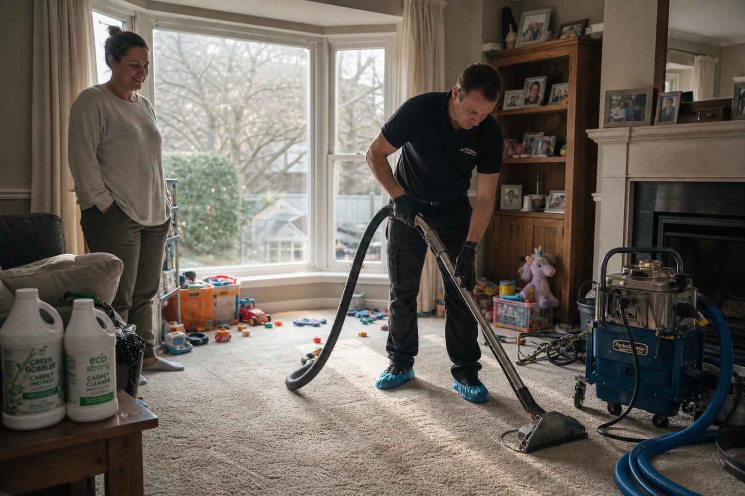 A woman observes a cleaning technician in a lived-in living room.