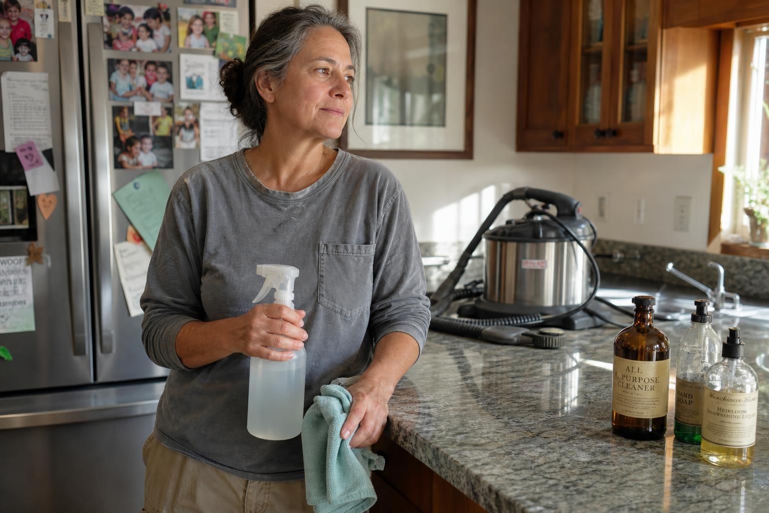 A woman cleans in a cozy, lived-in kitchen.