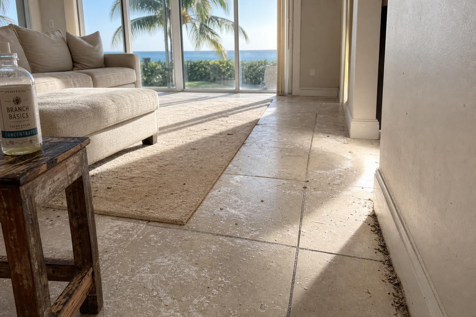 A Miami living room shows signs of coastal wear and neglect.