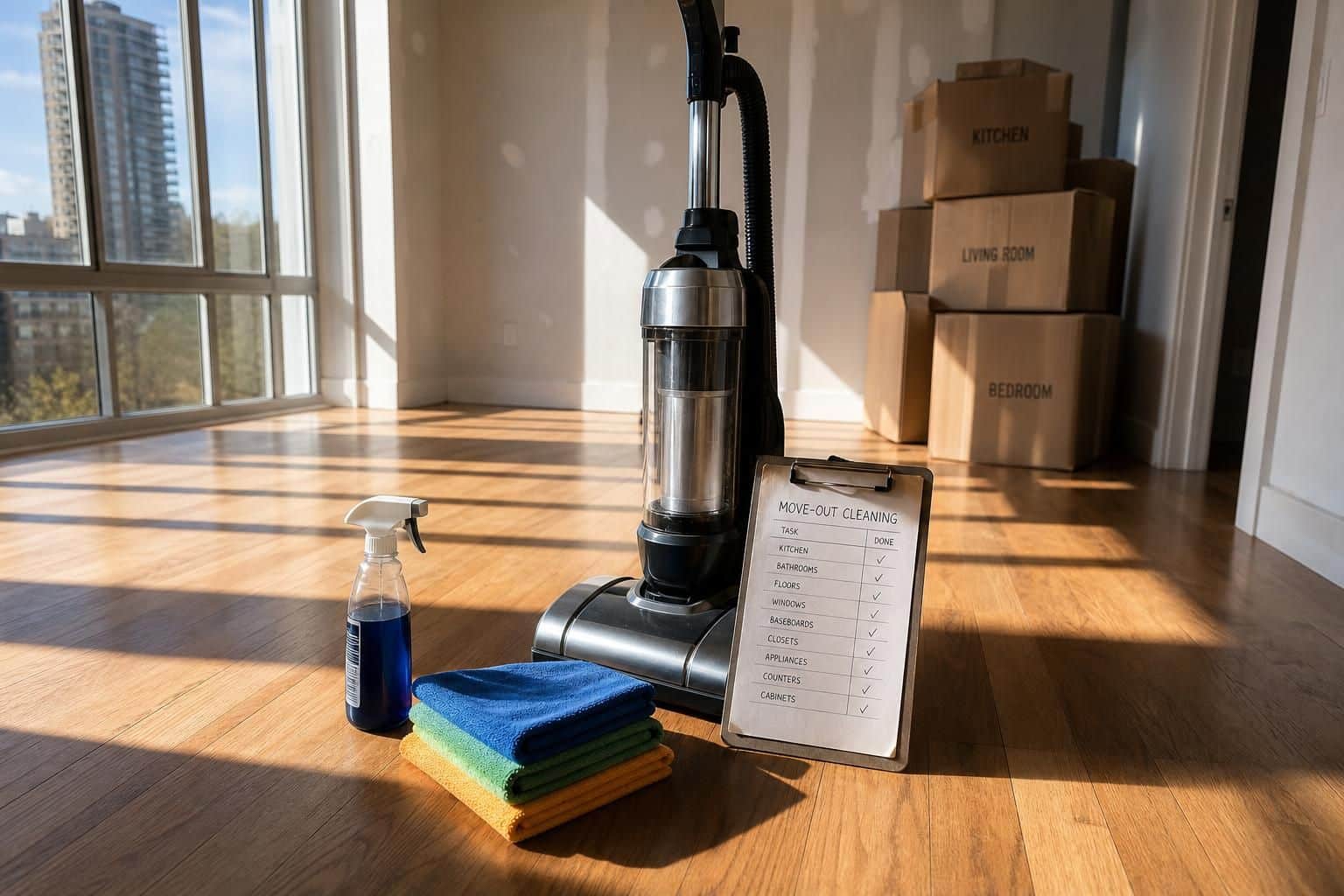 A tidy living room with cleaning supplies and stacked moving boxes.