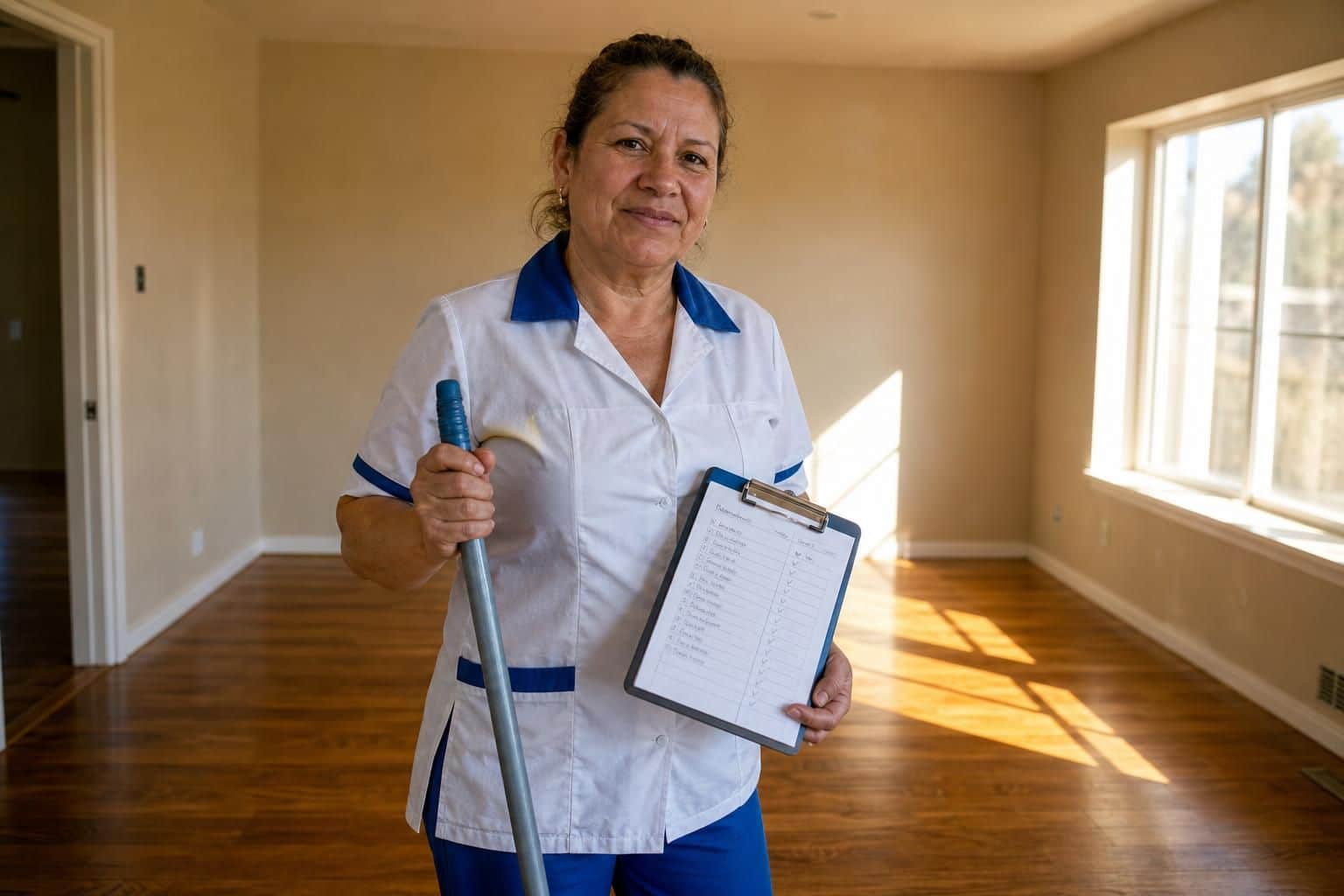 A middle-aged woman in a cleaning uniform inspects a vacant living room.
