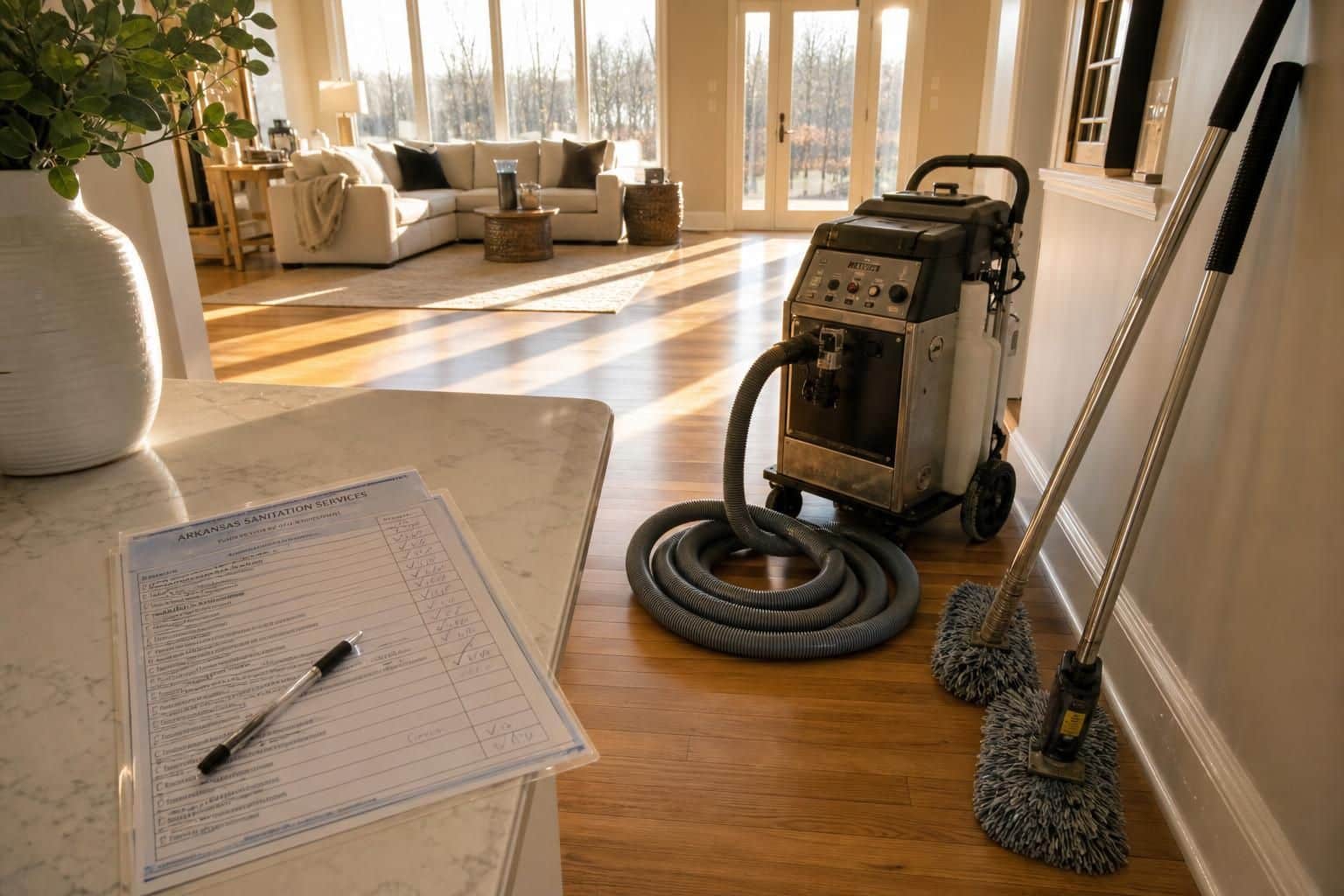 Clean, spacious living room featuring hardwood floors and professional cleaning equipment.