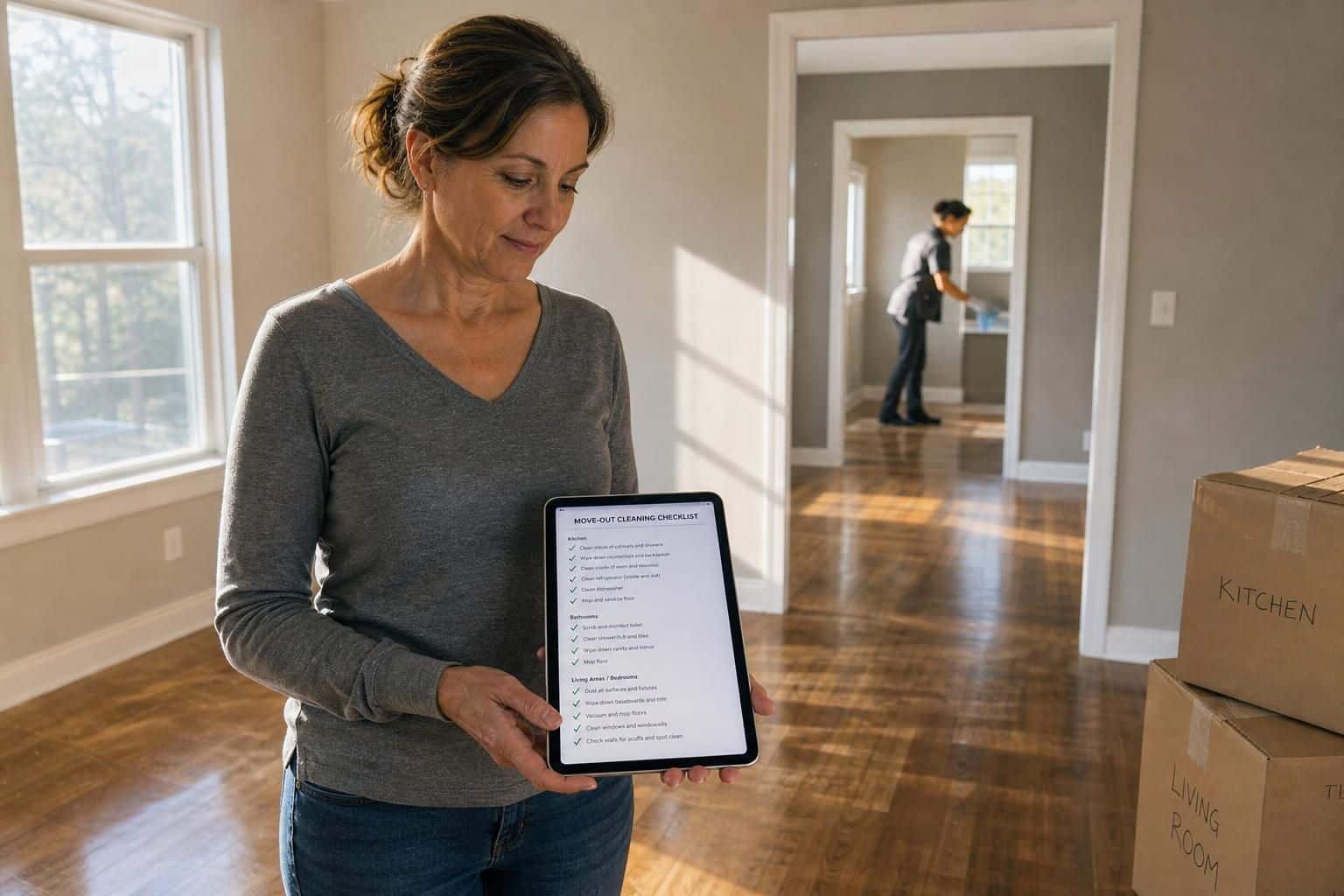 A woman reviews a move-out cleaning checklist in an empty room.