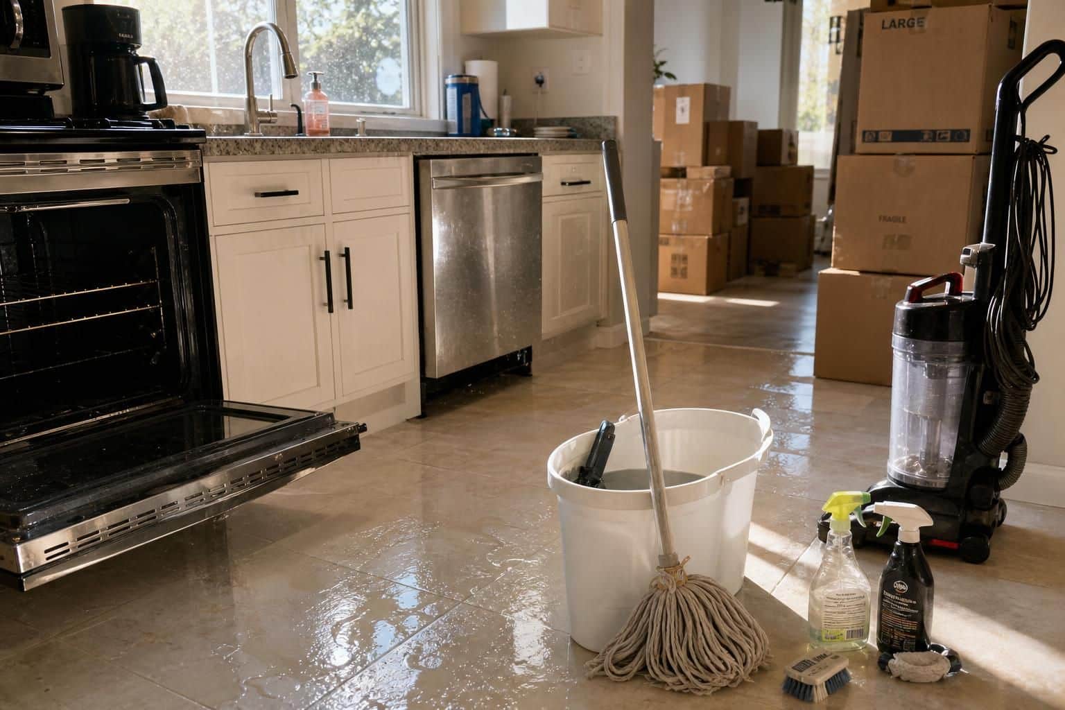 A bright kitchen mid-cleaning, showcasing authentic lived-in details and supplies.
