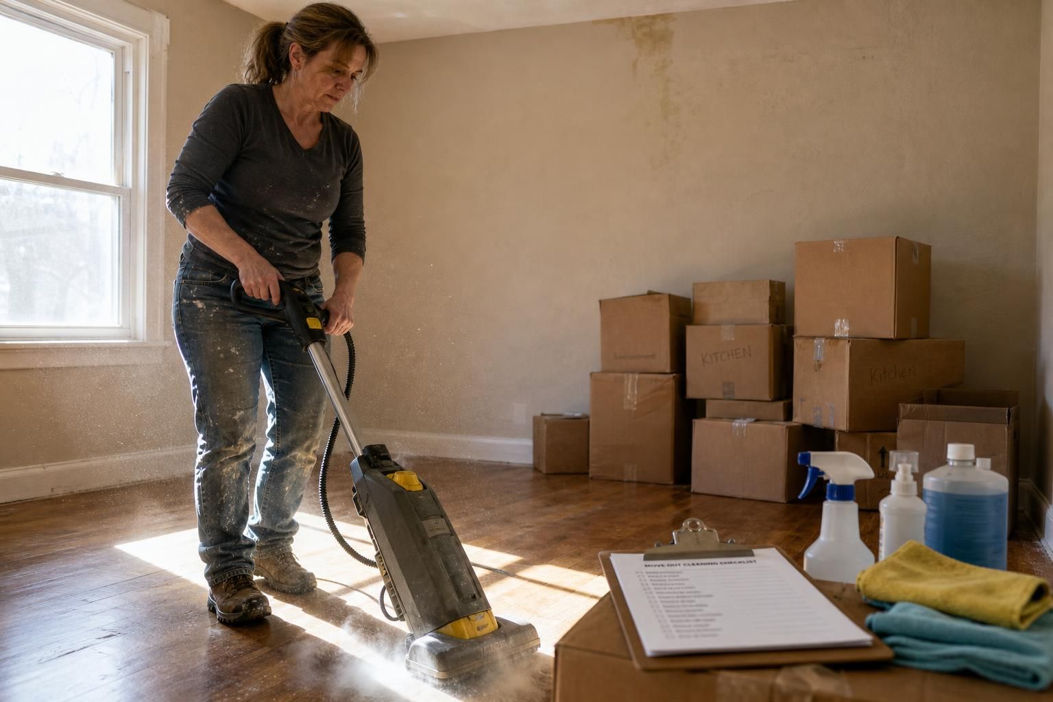 A focused woman cleans an empty apartment during her move-out.