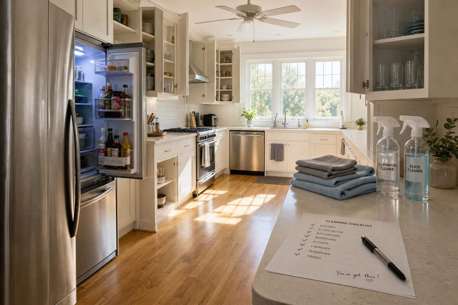 A perfectly organized kitchen with stainless steel appliances and quartz countertops.
