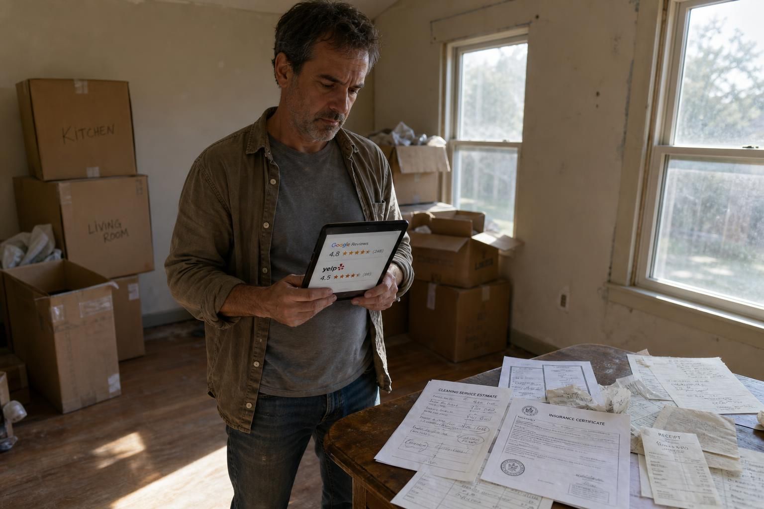 A man reviews service estimates in a sparsely furnished living room.