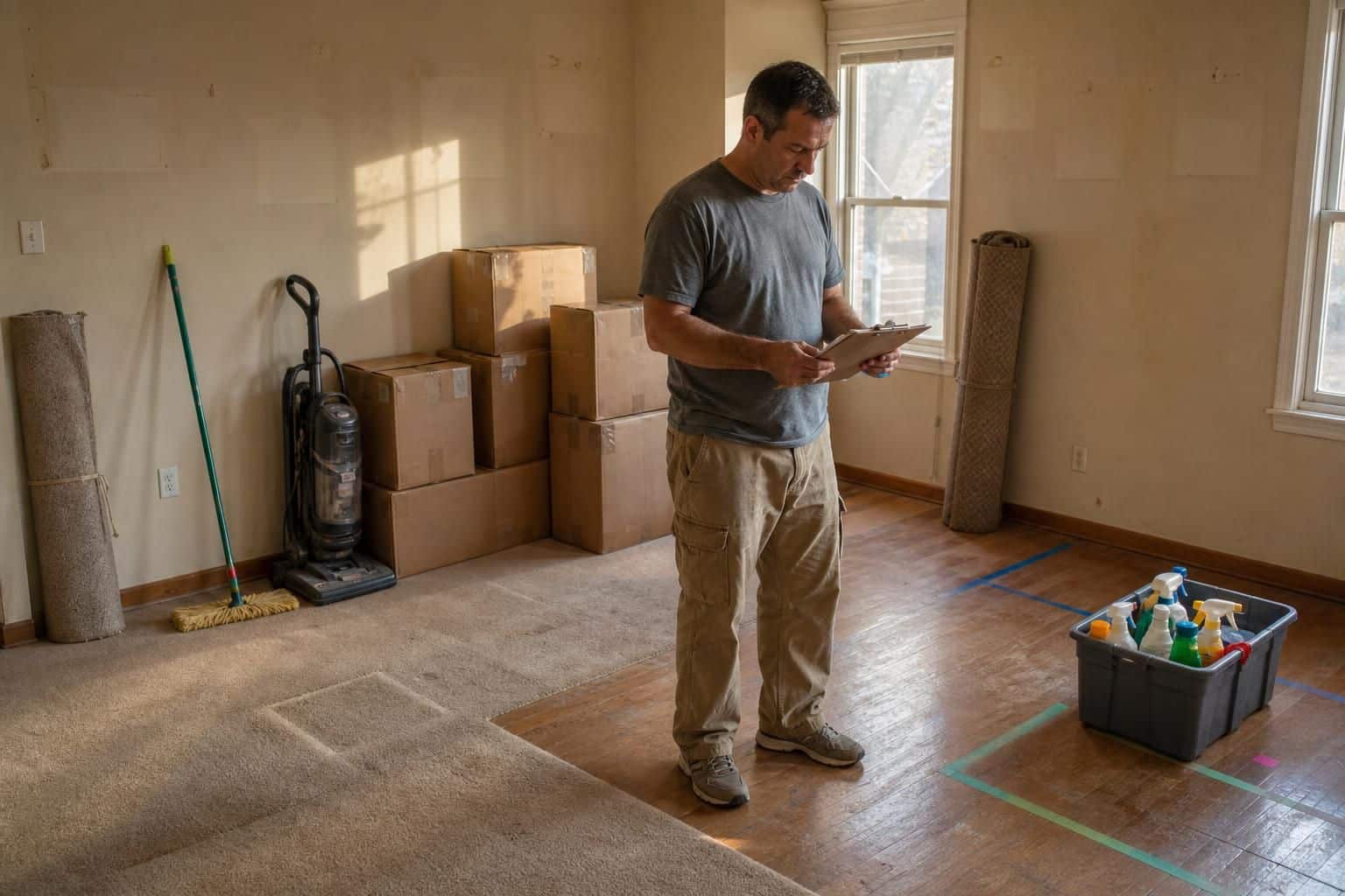 A middle-aged man studies notes in a nearly empty living room.