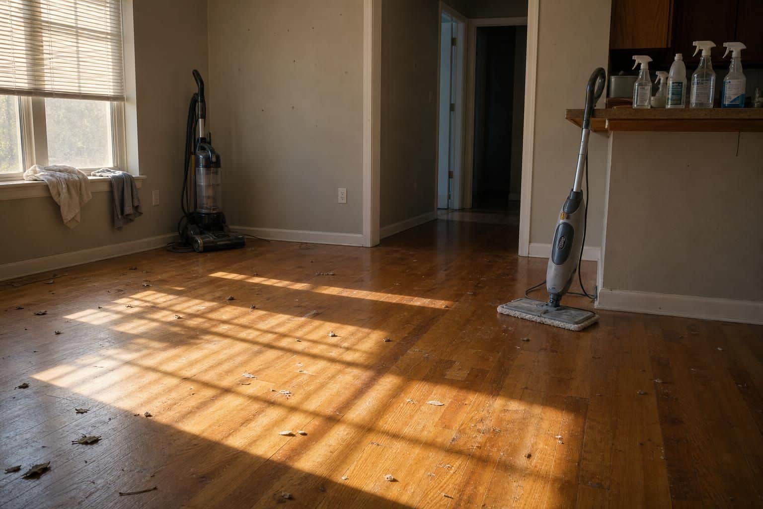 A vacant apartment living room with cleaning supplies and dust particles.