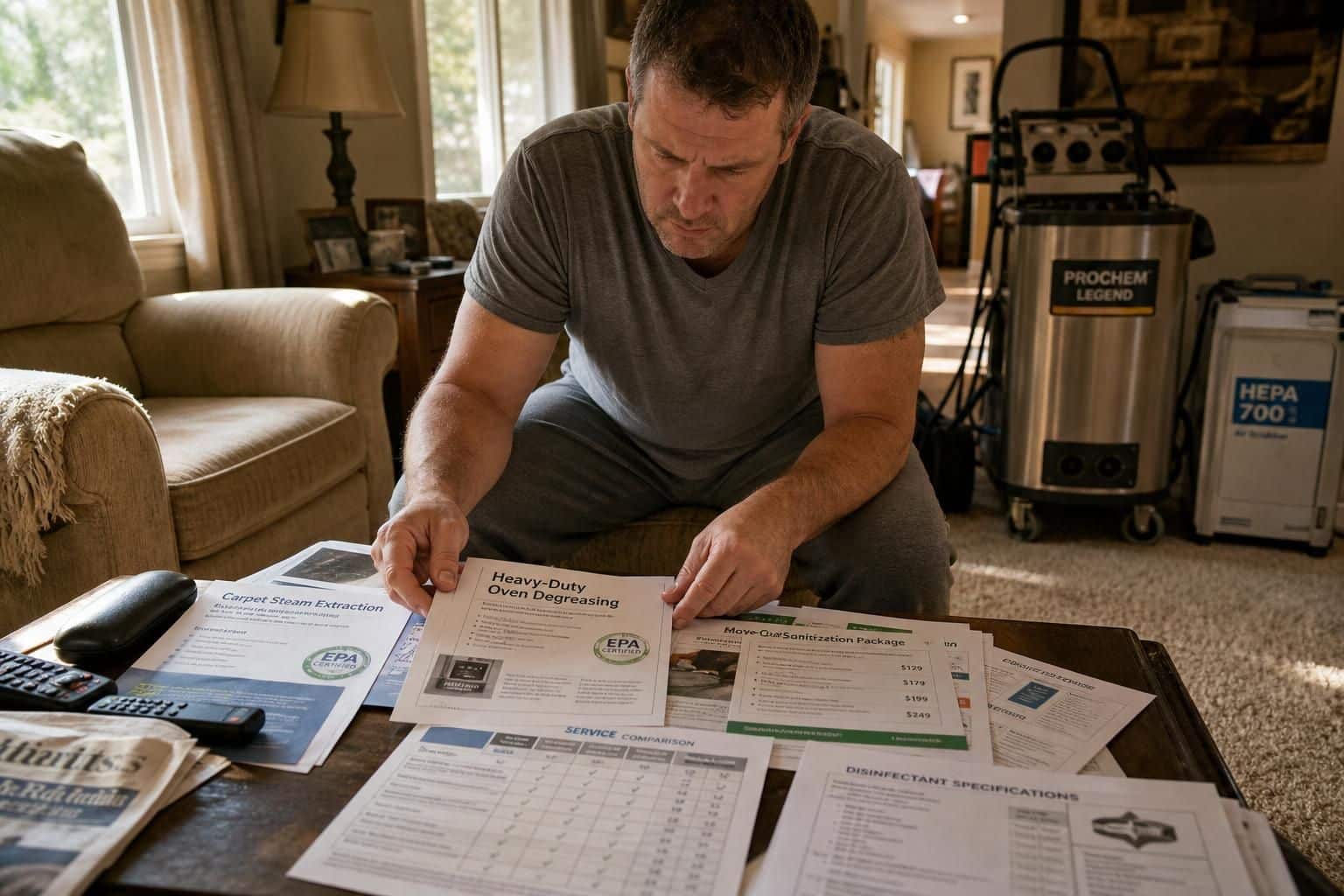 A man examines cleaning service brochures on a cluttered coffee table.