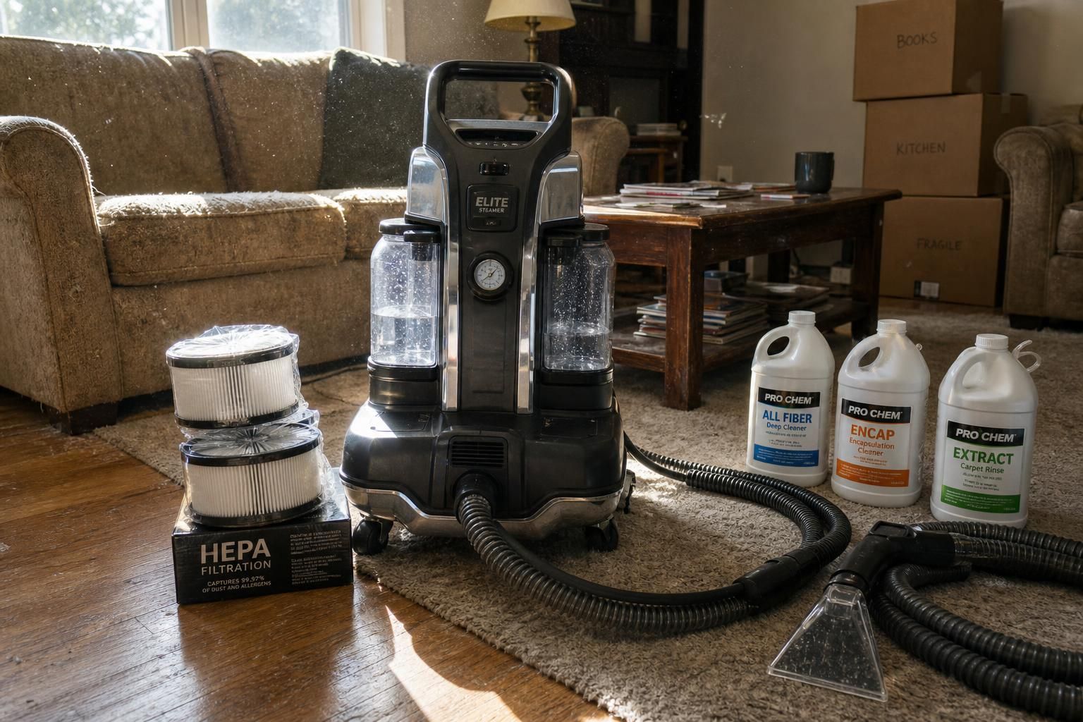 A steam cleaner sits in a cluttered, lived-in family living room.