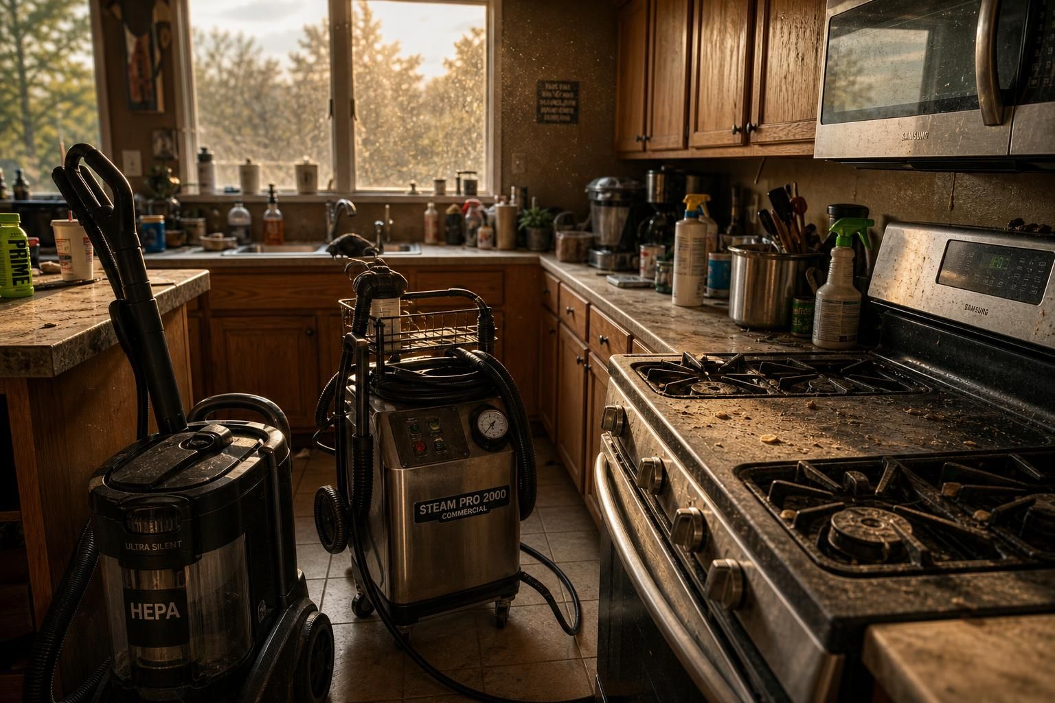 A cluttered kitchen reveals significant dust and grease buildup.