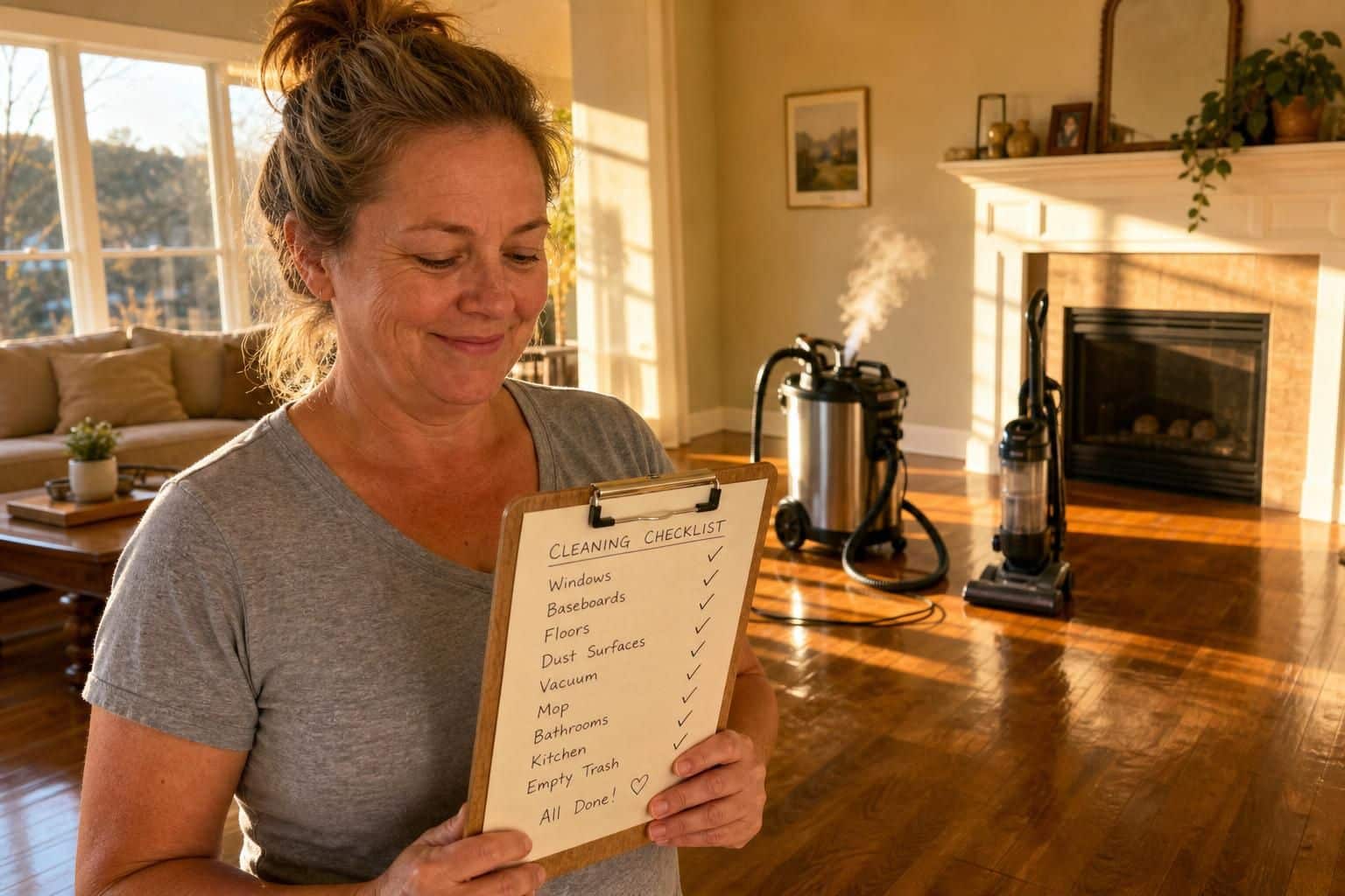 A satisfied woman holds a clipboard in her spotless living room.