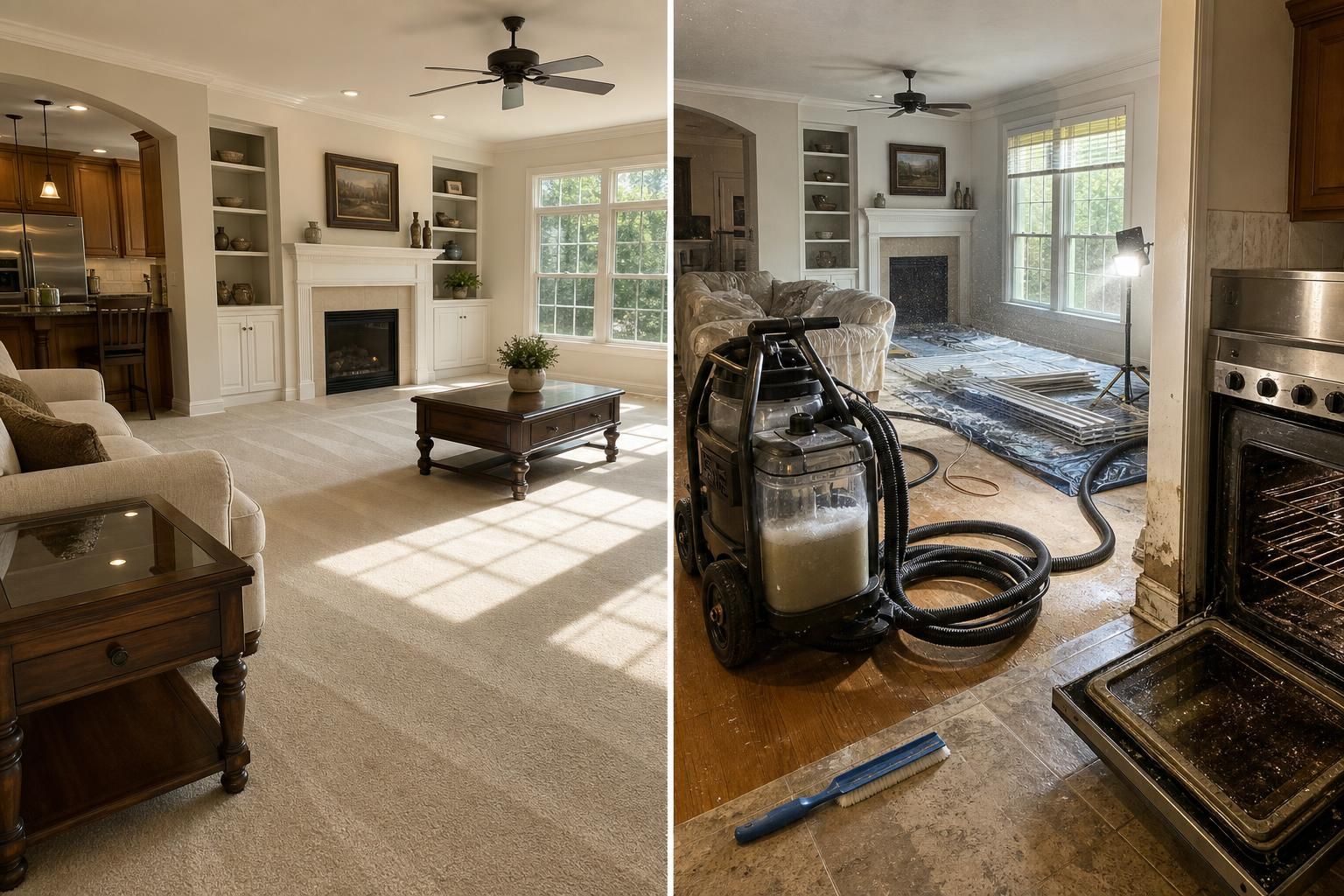 A living room comparison shows pristine cleanliness versus mid-restoration chaos.