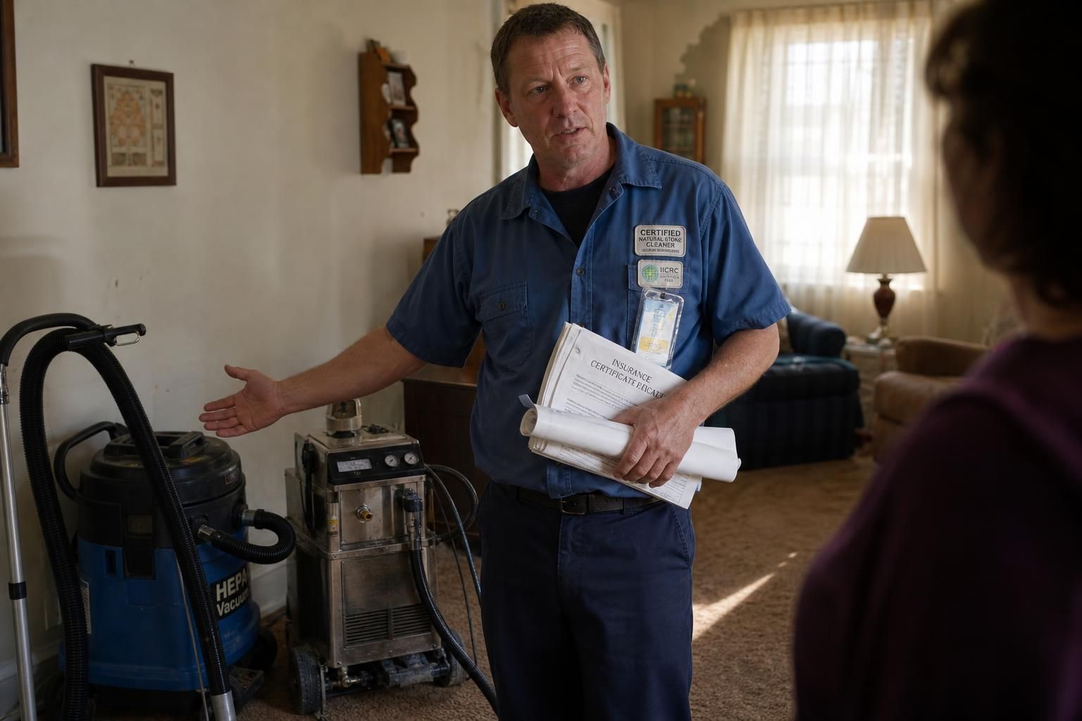 A man in a work uniform holds certification papers in a living room.