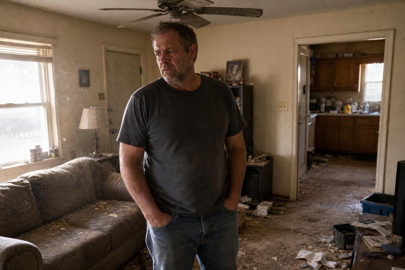 A weary man stands in a cluttered, dusty living room.