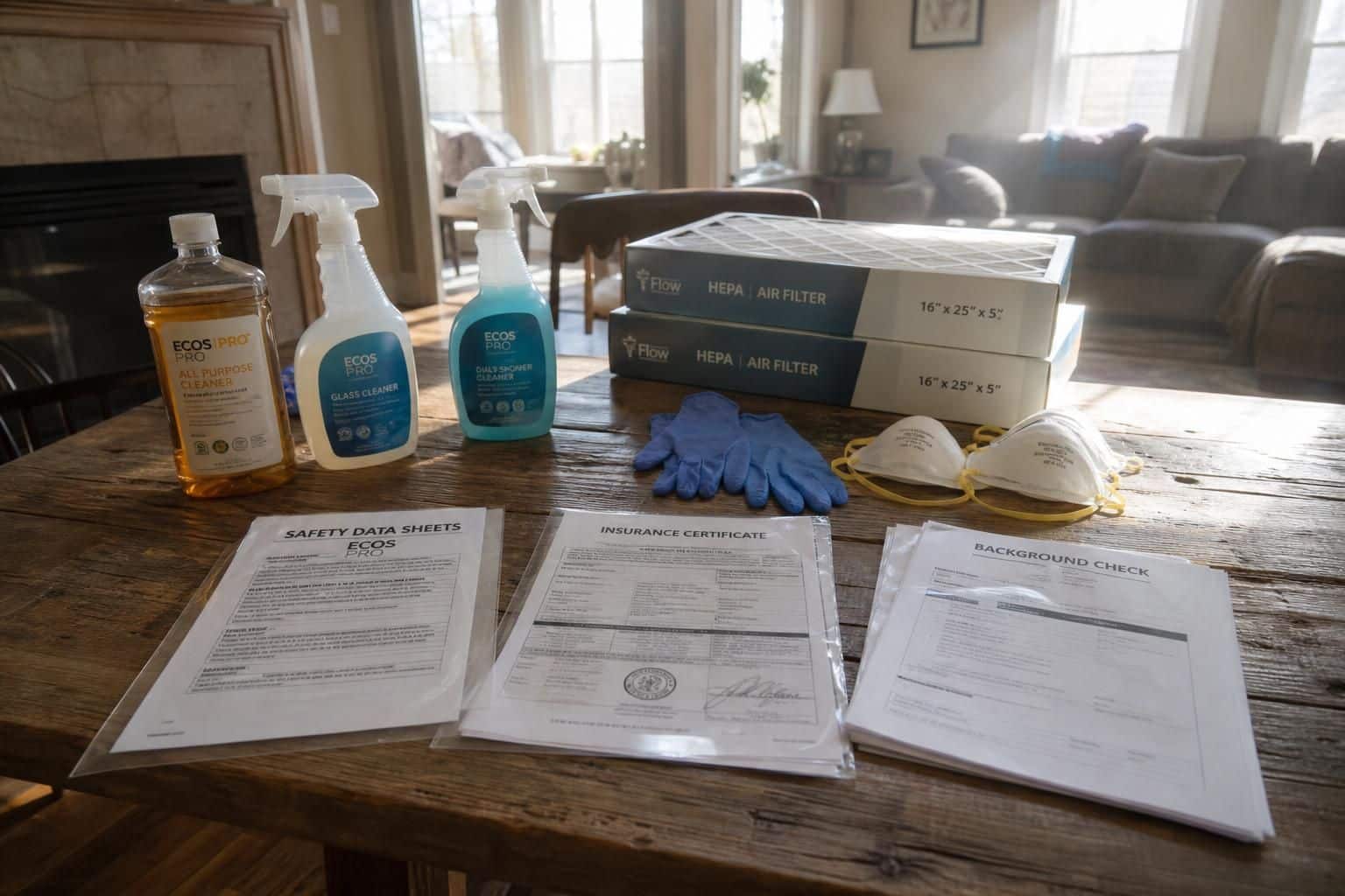 A living room with cleaning supplies and organized safety documents.