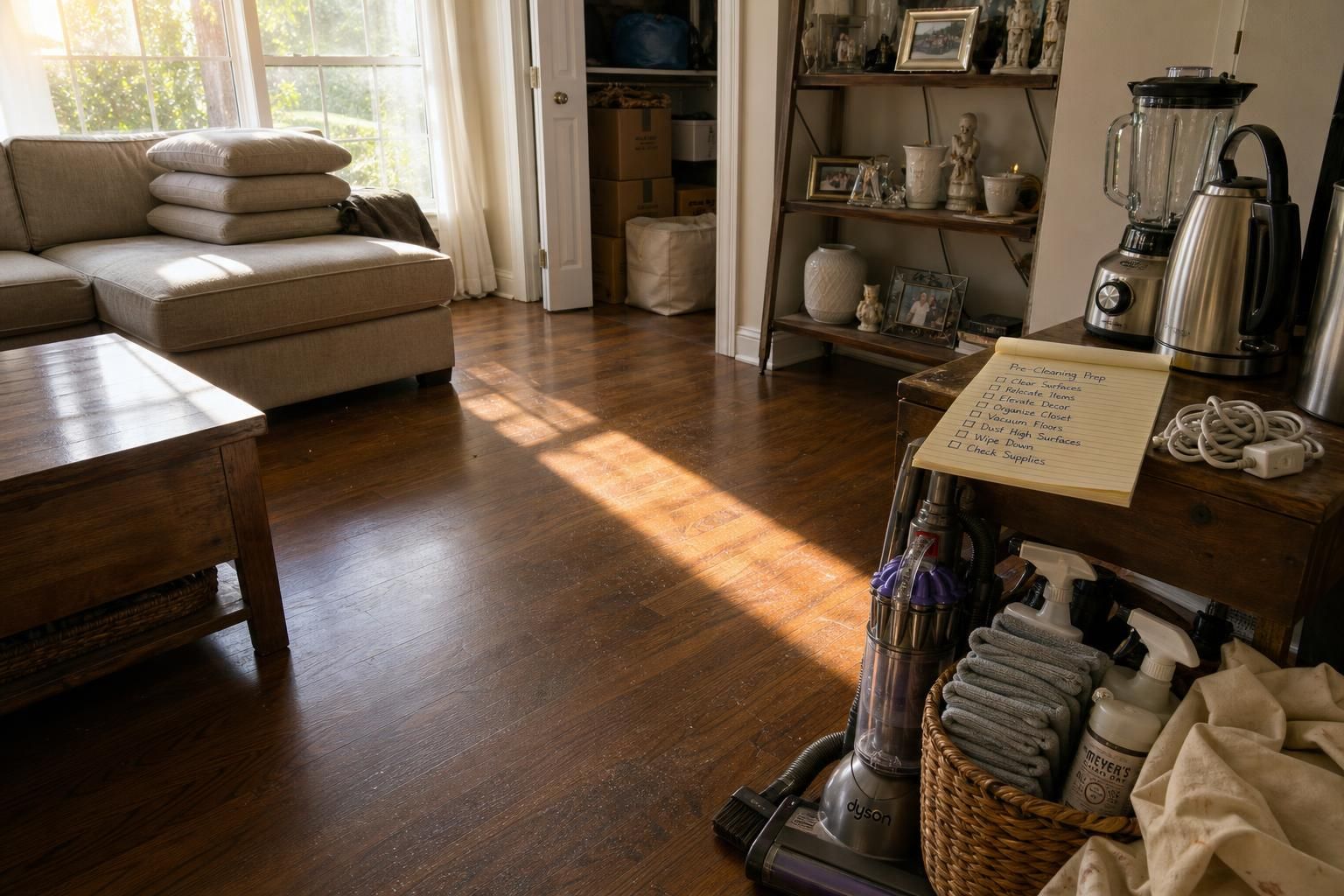 A living room prepared for cleaning with organized items and dust.