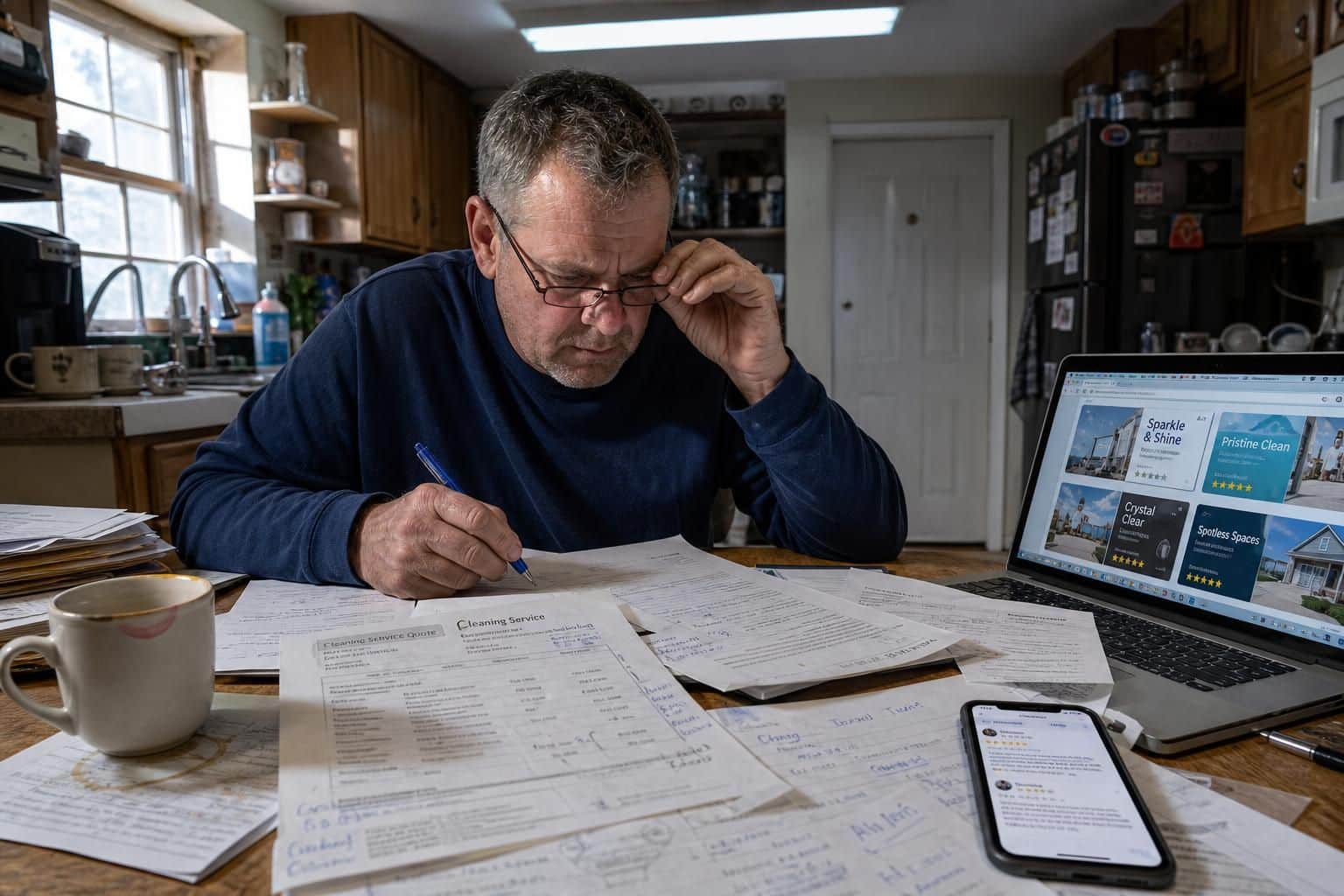 A man reviews cleaning service quotes at a cluttered kitchen table.