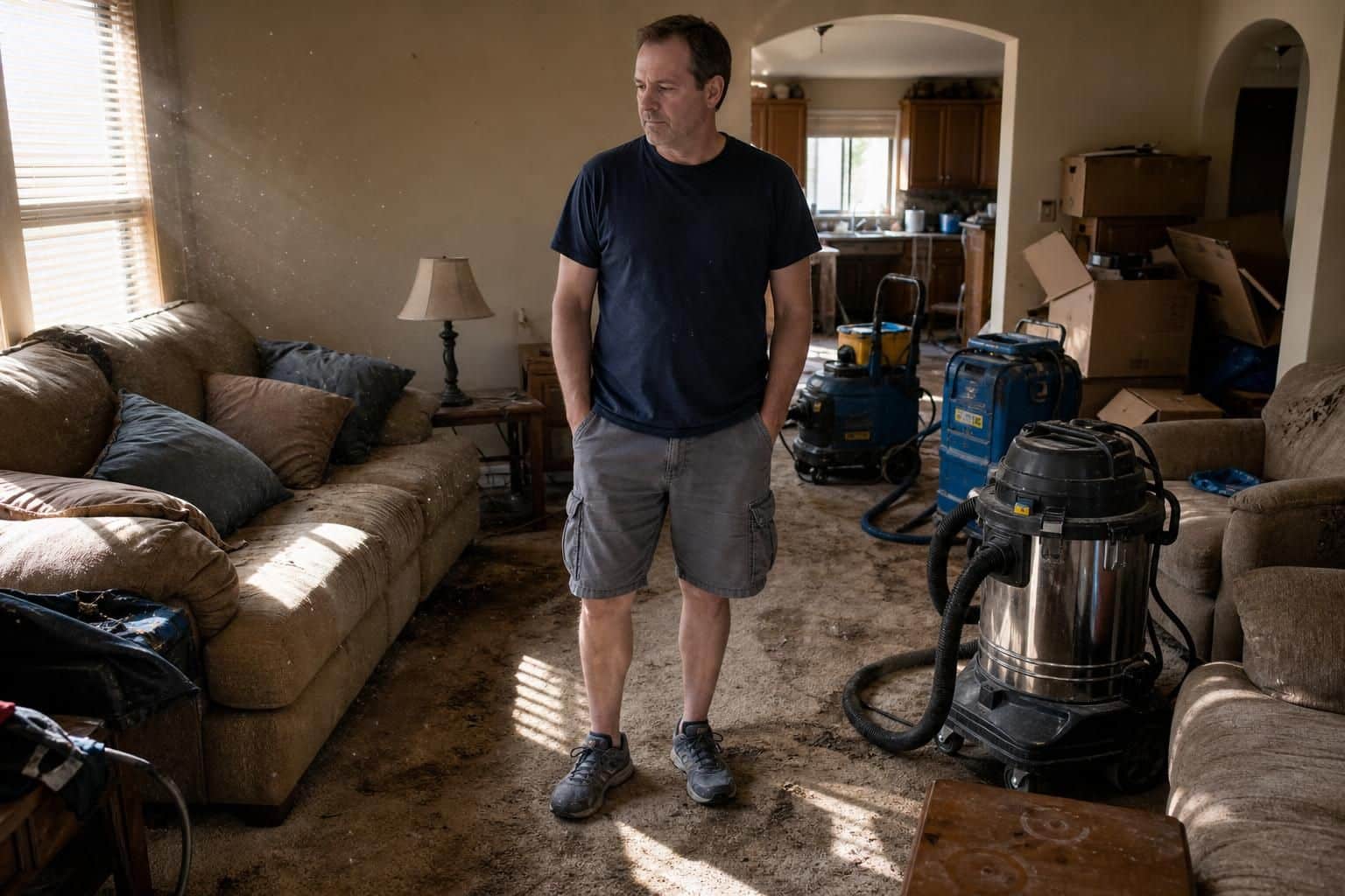 A man stands in a cluttered, neglected living room, anticipating restoration.