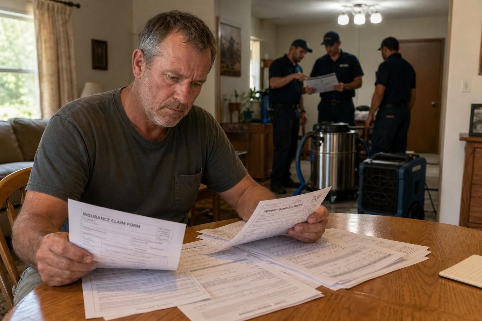 A middle-aged man reviews insurance documents at a dining table.
