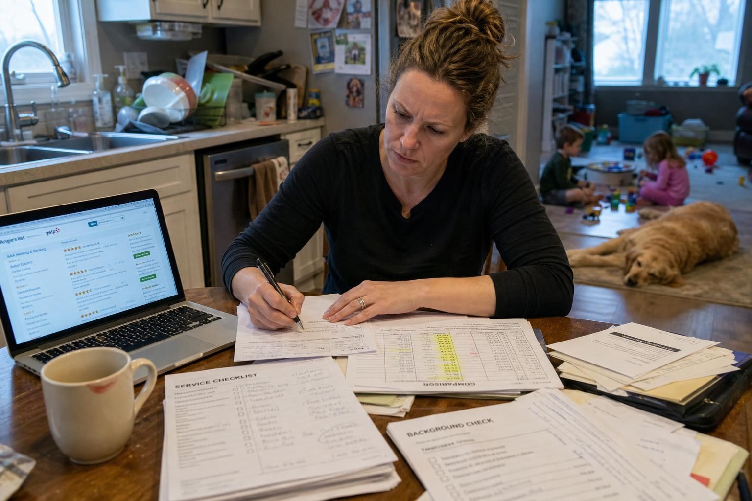 A focused woman manages family logistics amid household chaos.