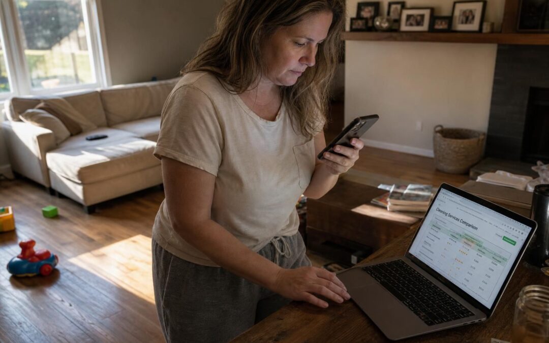 A woman in casual attire uses her iPhone in a lived-in living room.