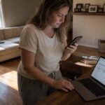 A woman in casual attire uses her iPhone in a lived-in living room.