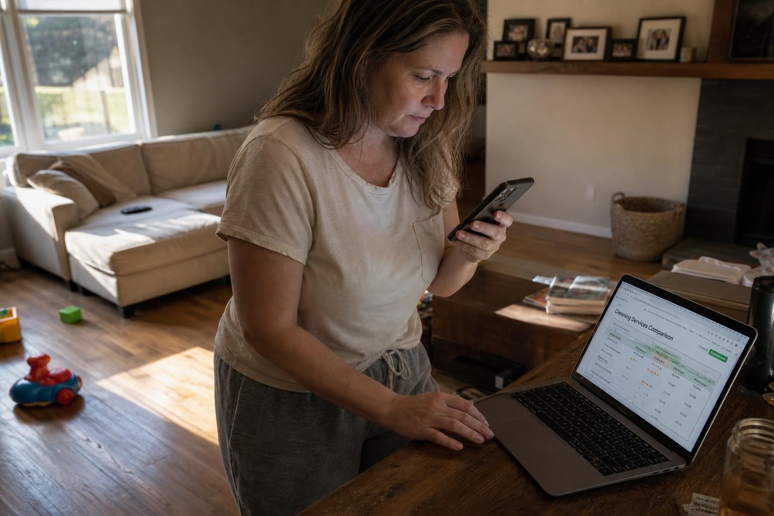 A woman in casual attire uses her iPhone in a lived-in living room.