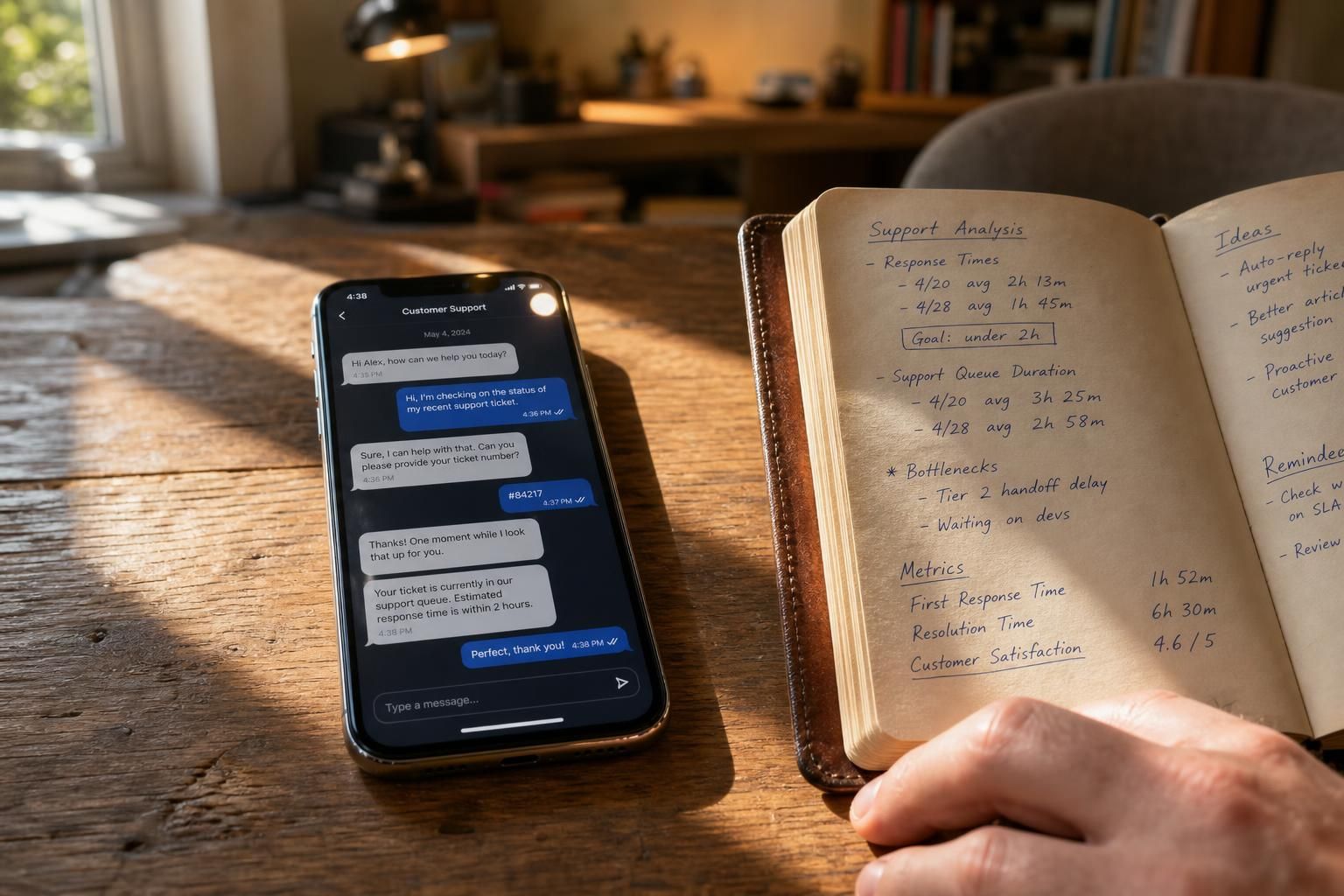 A smartphone and notebook on a desk depict customer service notes.