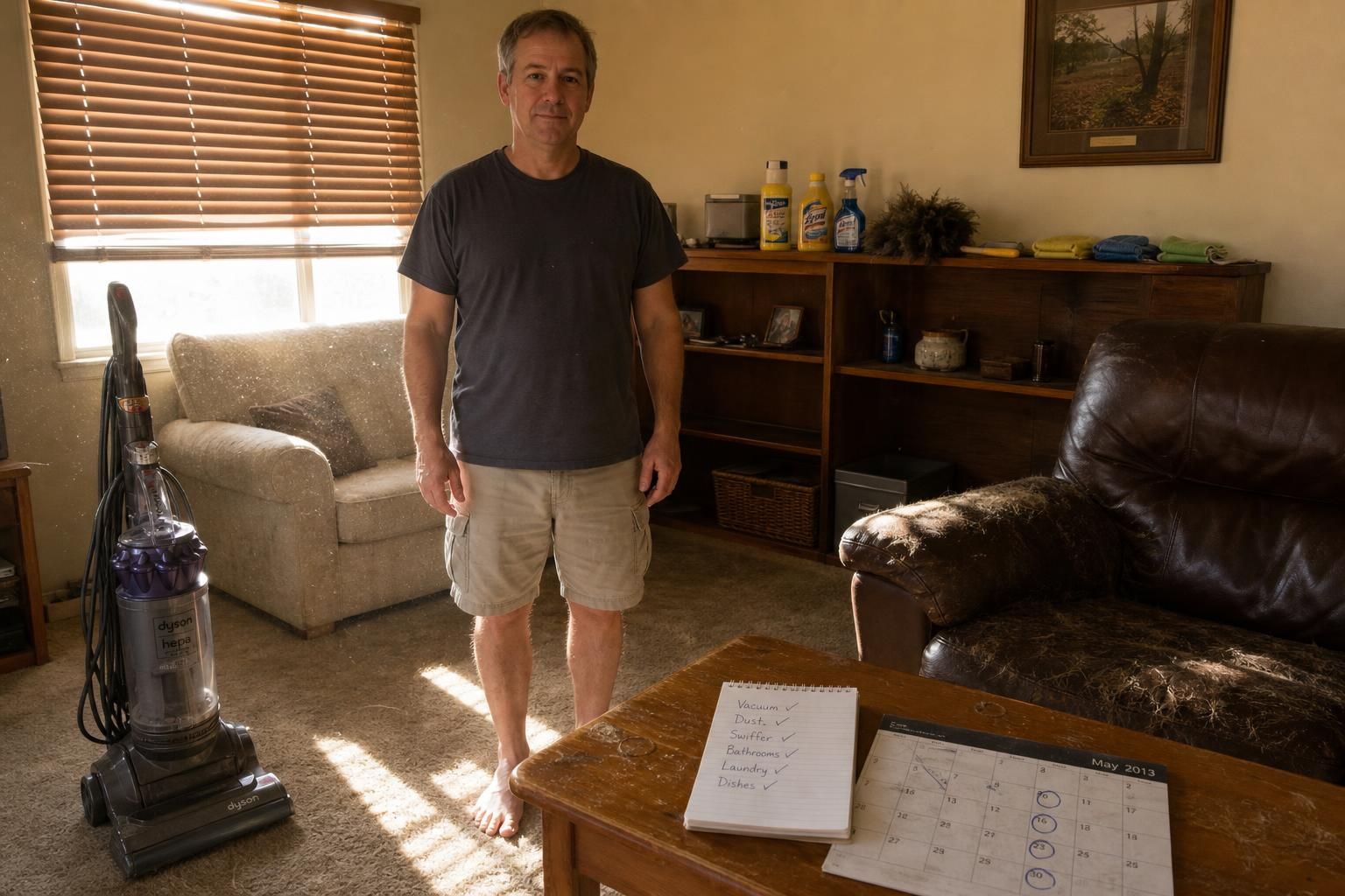 A middle-aged man stands relaxed in a lived-in living room.