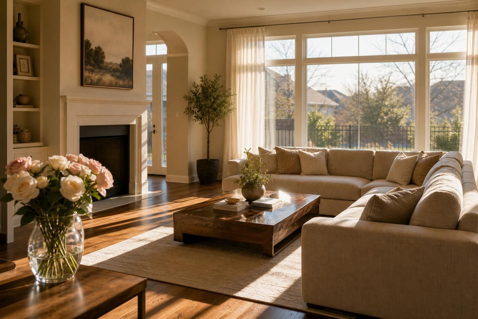 A beautifully decorated suburban living room with elegant furnishings and decor.