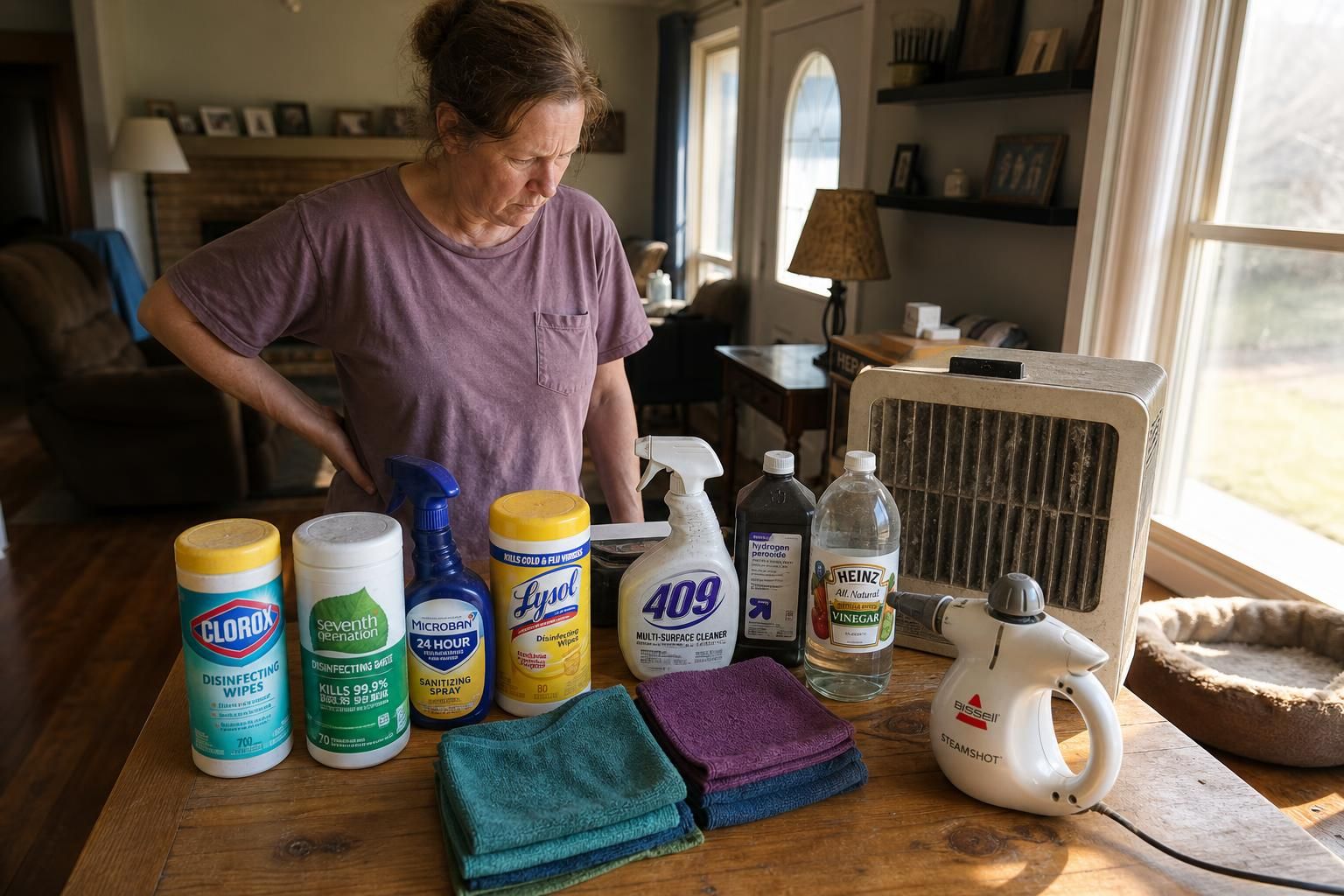 A middle-aged person organizes cleaning products in a sunlit living room.