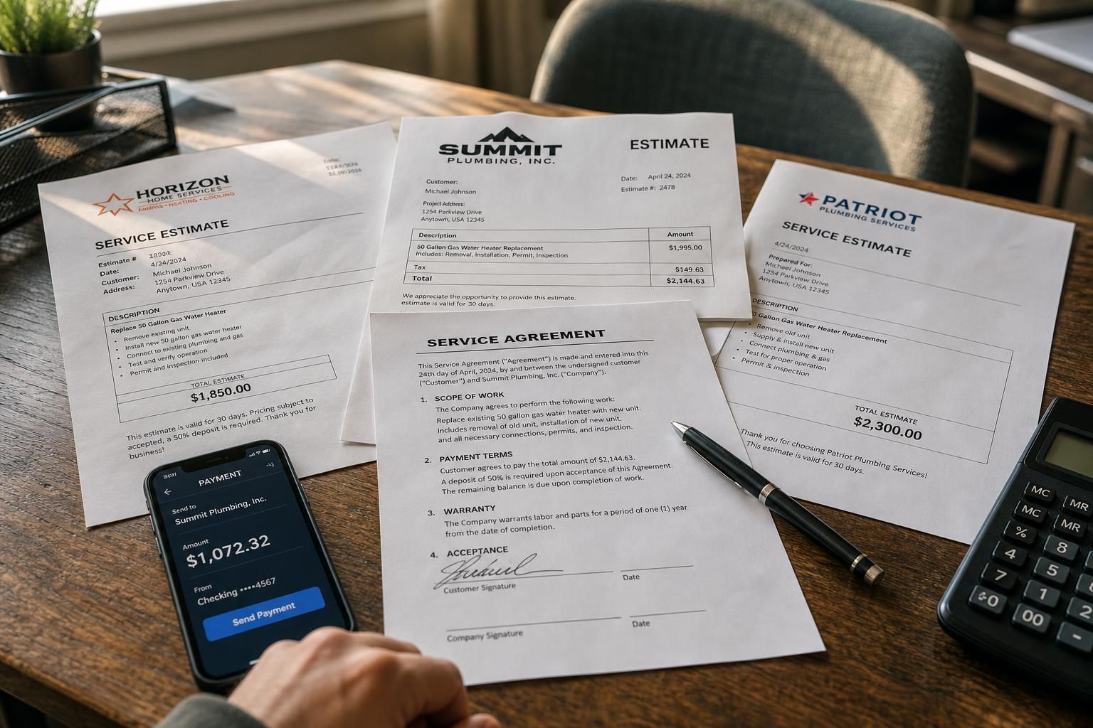 Scattered service estimates and contracts on a weathered oak table.