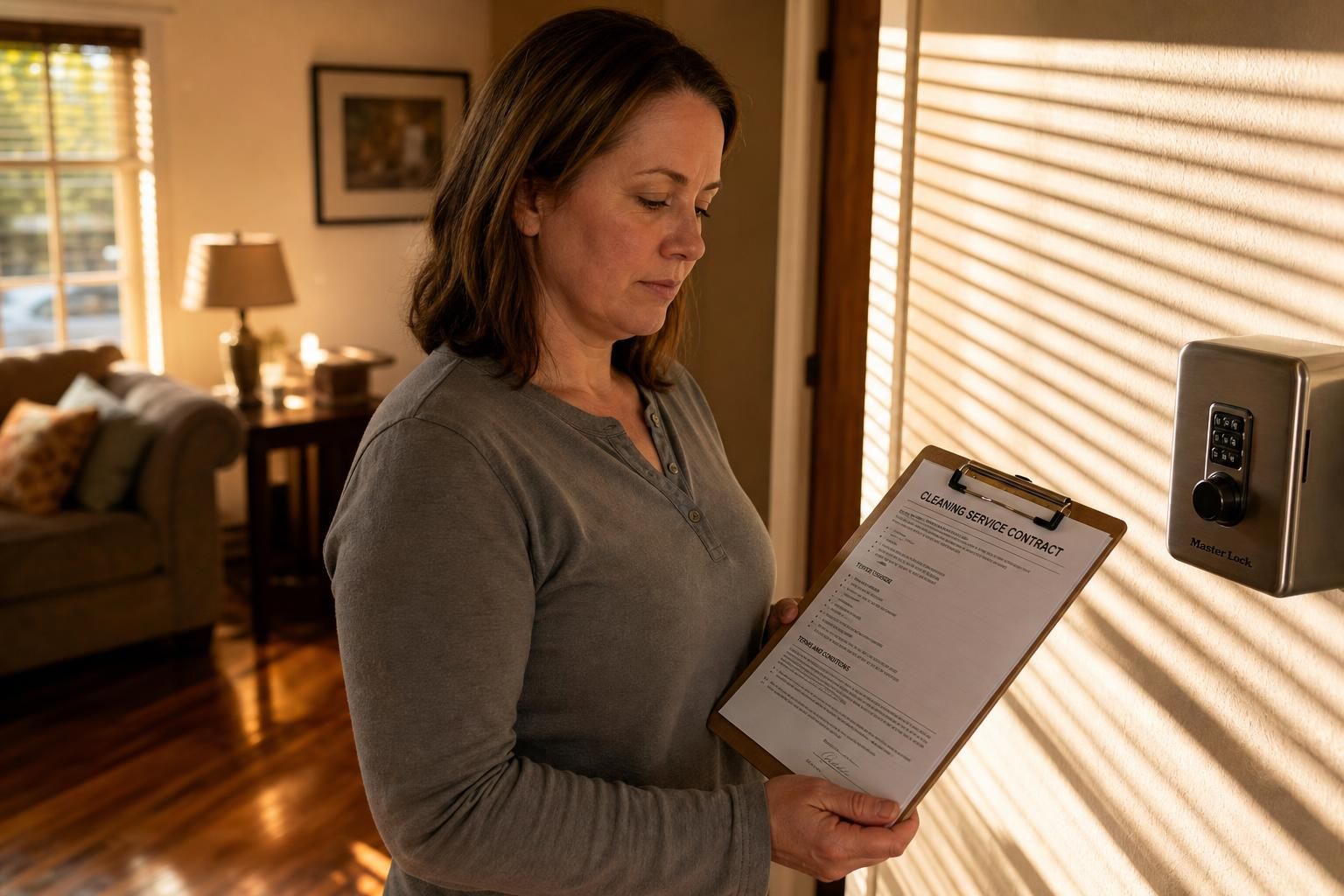 A thoughtful woman reviews a cleaning service contract in her living room.